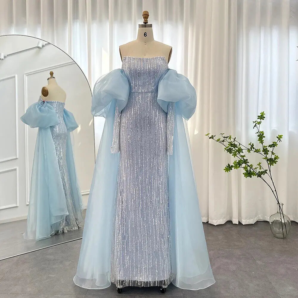 Luxury Dubai Mermaid Sparkly Evening Dresses Puff Sleeves Organza Arabic Women Wedding Guest Formal Party Gowns