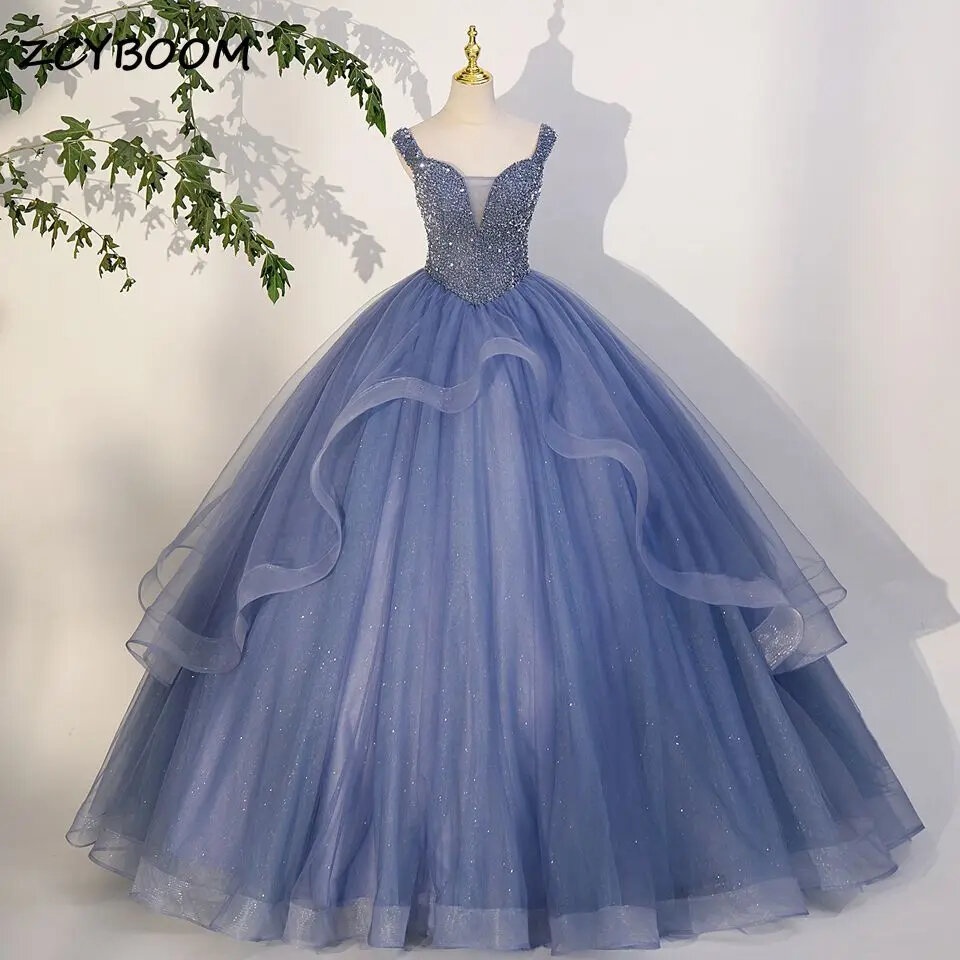 Luxury Gray Blue Ball Gown Formal Occasion Quinceanera Dresses Beads 15 Year Old Girl Dress Party Gowns