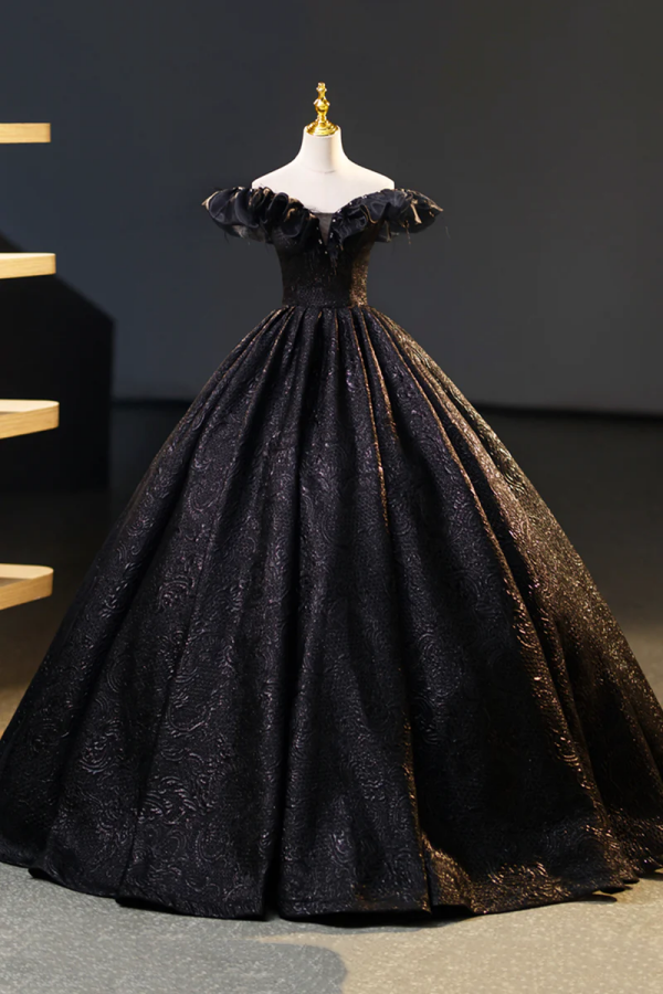 green emerald velvet dress A-line Off Shoulder Surplice Floor-Length Black Satin Slit Prom Dress, main image 0