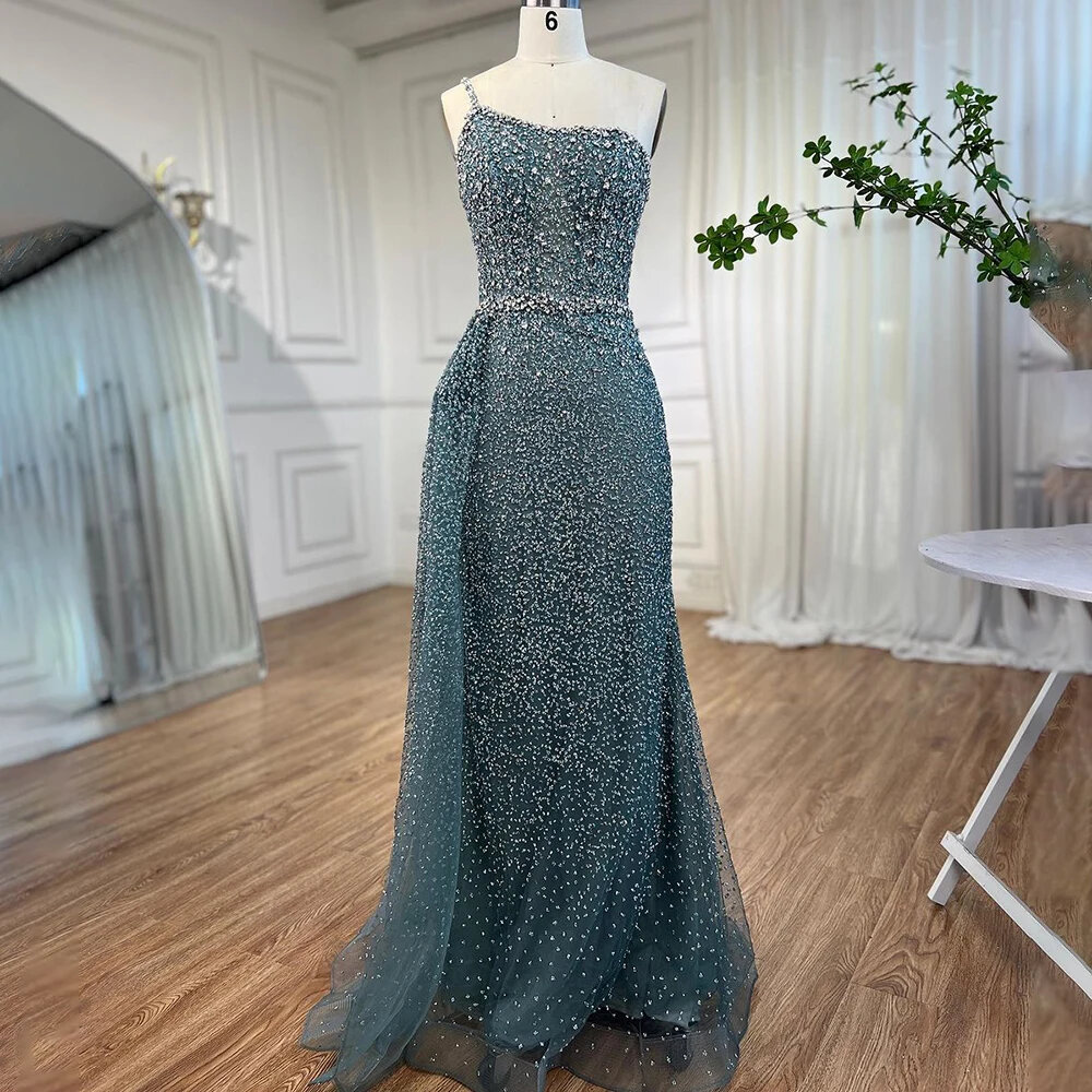 Turquoise Mermaid One Shoulder Sideskirt Beaded Luxury Evening Dresses Gowns For Women Wedding Party
