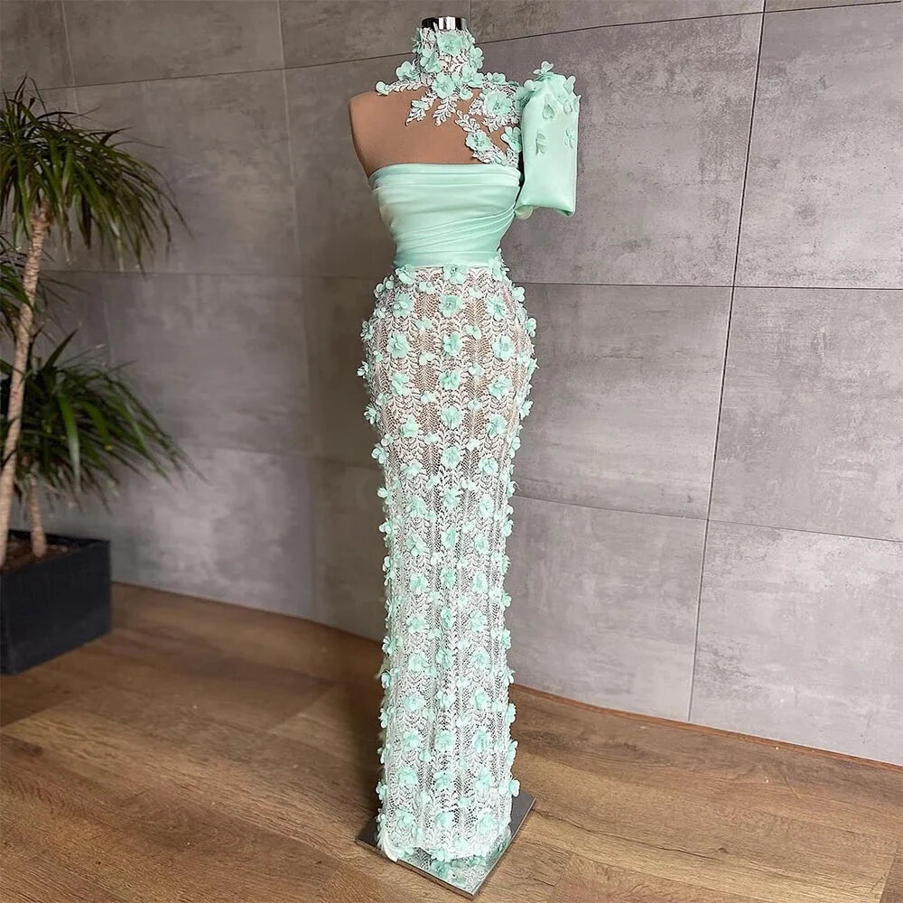 Gorgeous Mint Green Single Sleeve High Collar Handmade 3d Flower Formal Occasion Dresses Mermaid Tulle Beaded Dubai Prom Dress