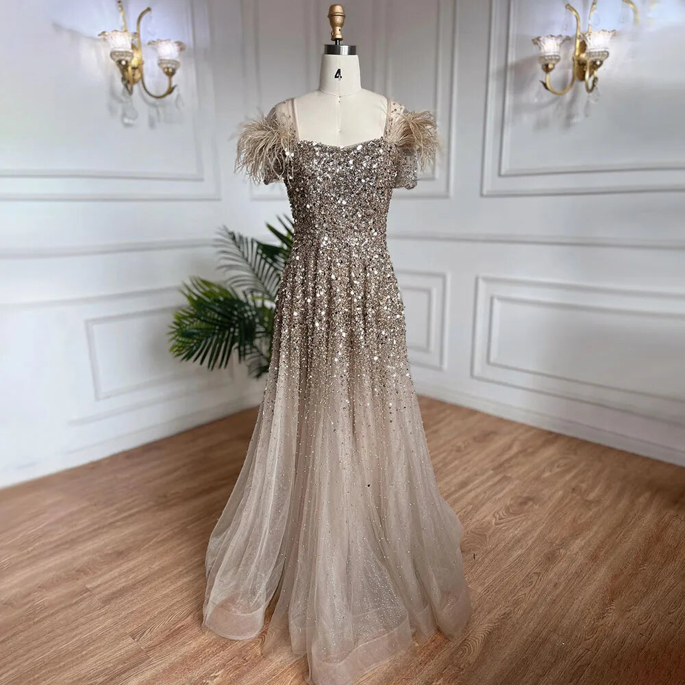 Caramel A-line Luxury Evening Dresses Gowns Feather Beaded Sweetheart For Women Party
