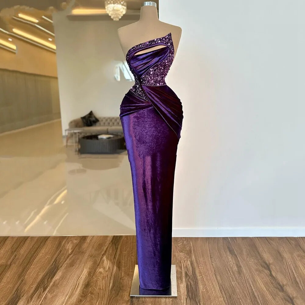 Luxury Purple Velvet Prom Dress Beaded Velour Pageant Party Dress Custom Made Asymmetric Mermaid Evening Gown