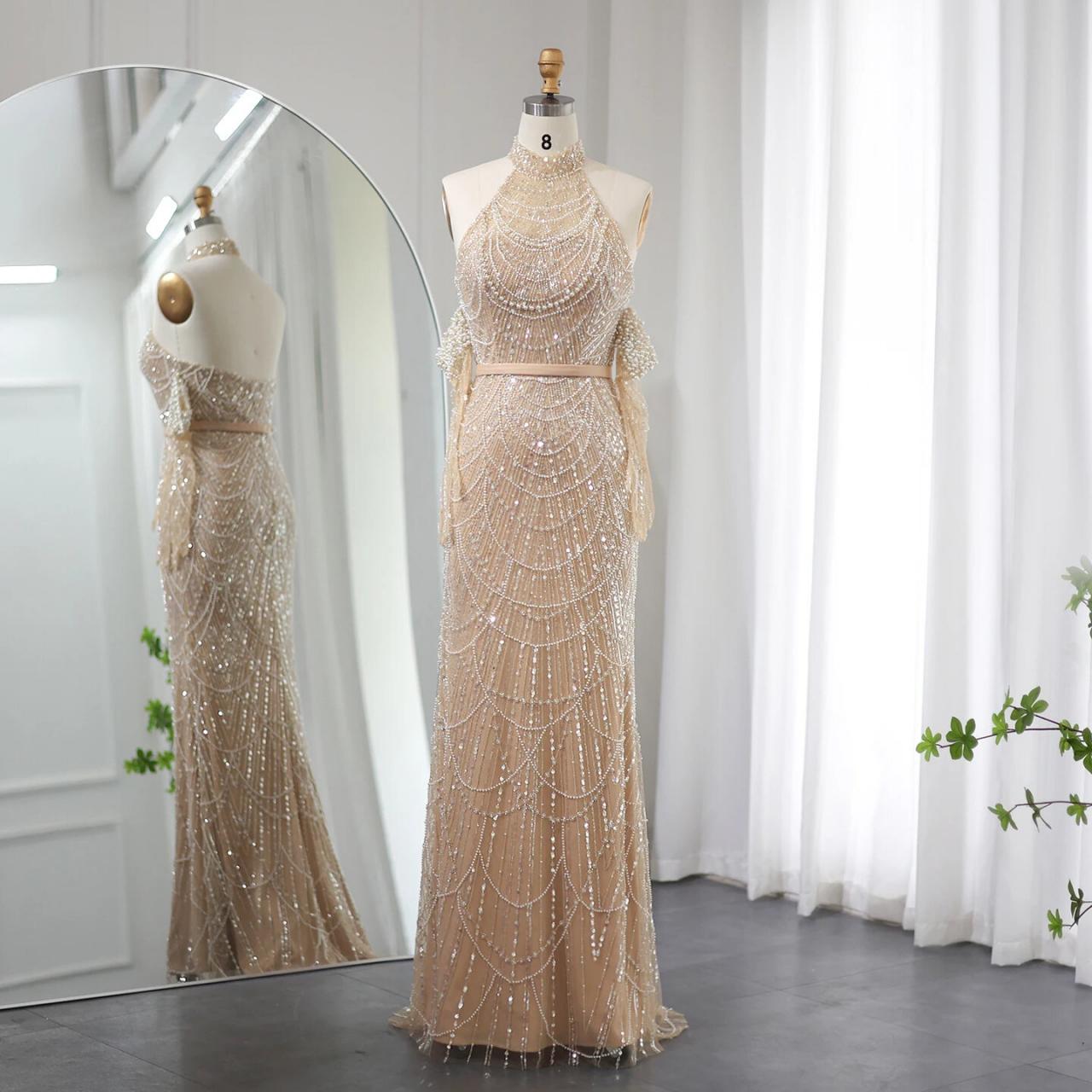 Luxury Dubai Nude Mermaid Evening Dresses With Gloves Sexy Halter Arabic Women Wedding Formal Party Gowns