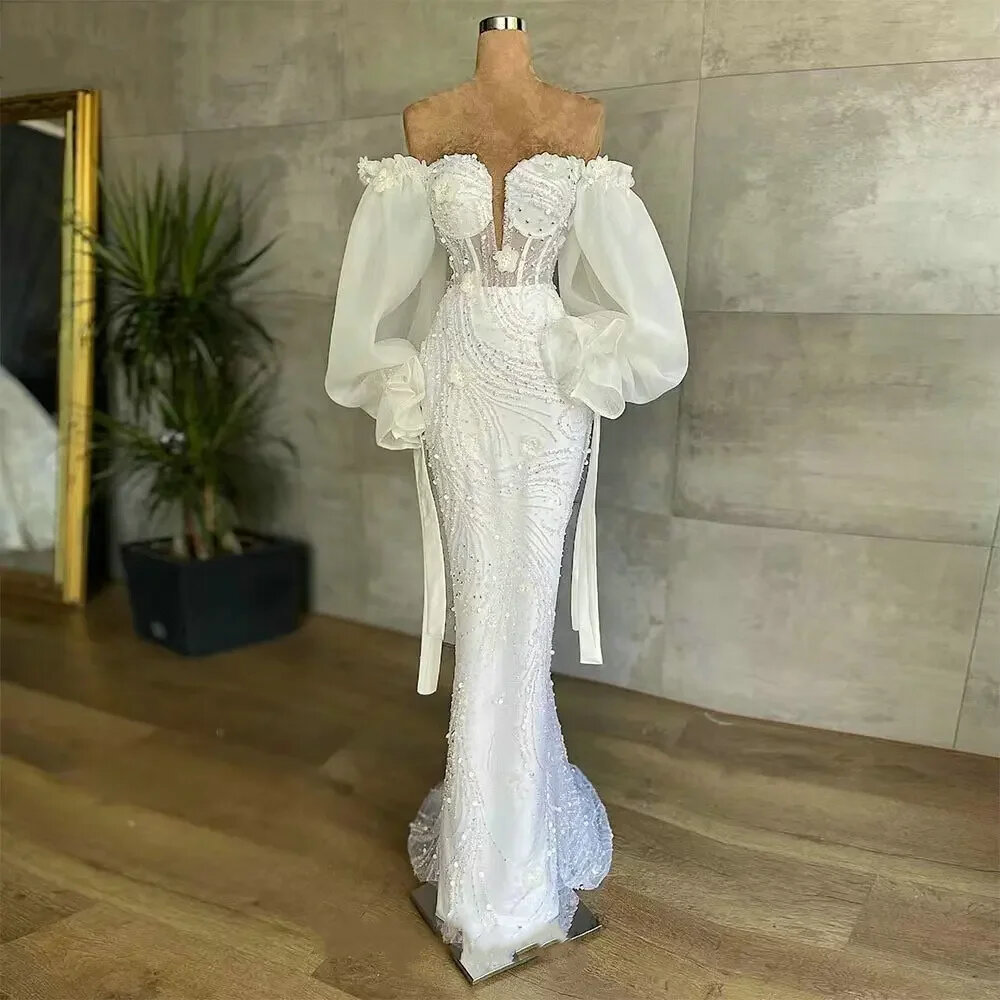 Women's White Off Shoulder Bra 3d Flower Sequins Long Sleeve Luxury Evening Dress Princess Dress Customizable In Large