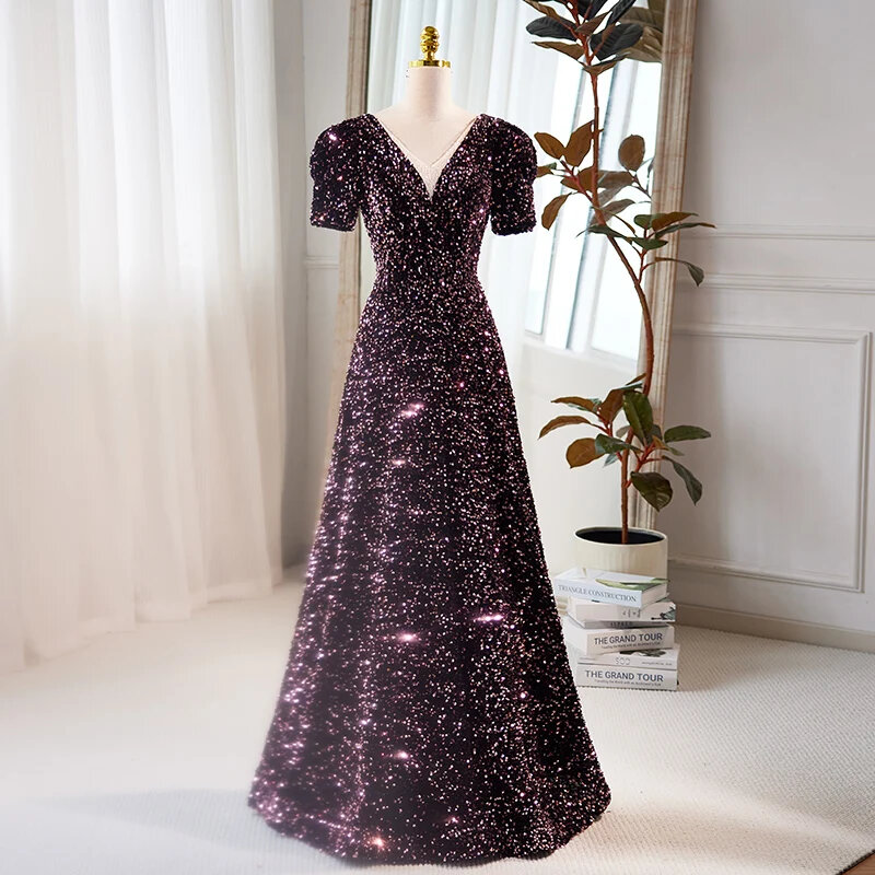 Evening Dress Purple V-neck Lace Up Floor-length Half Sleeves Pleat A-line Sequinsn Elegant Party Formal Dresses Woman