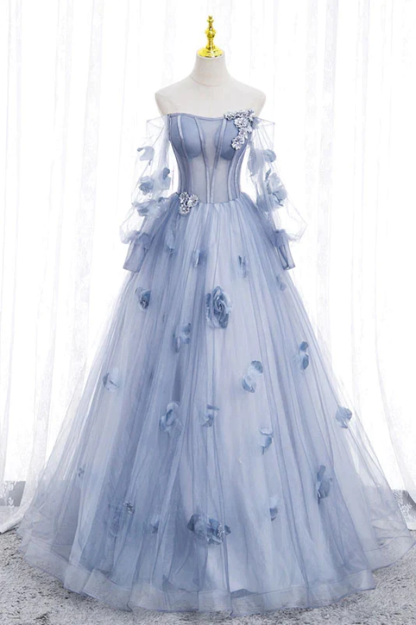 Off The Shoulder Blue Tulle Prom Dress With Flowers, Princess ...