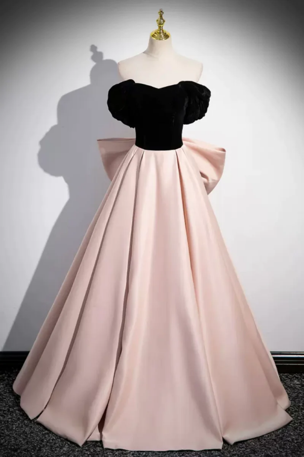 Black Velvet And Pink Satin Long Prom Dress, Beautiful A Line Evening Party Dress With Bow