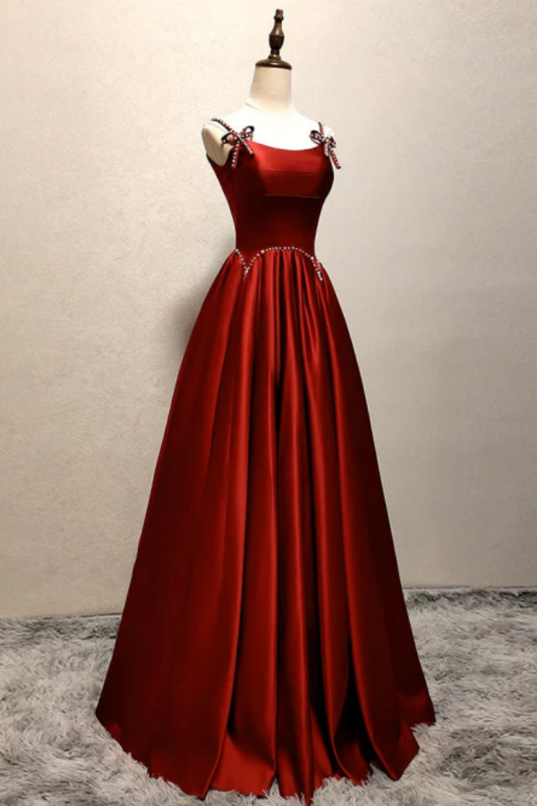 Classy Burgundy A Line Halter Satin Long Prom Dresses Formal Dress