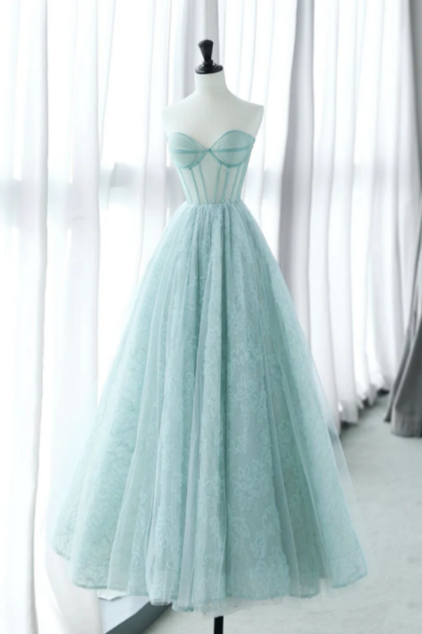 A Line Sweetheart Neck Tulle Lace Blue Long Prom Dress, Blue Long Formal Dress