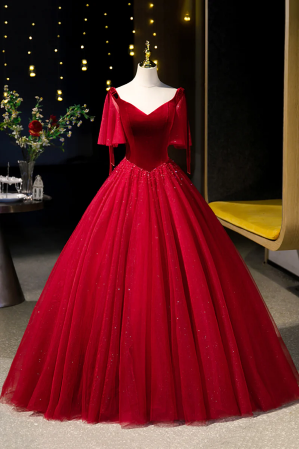 Burgundy V Neck Tulle Velvet Prom Dress LBQ1406