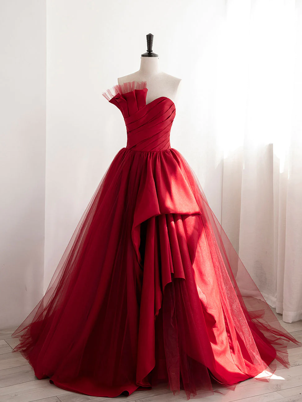 Strapless Burgundy Tulle Satin Long Prom Dresses, Wine Red Long Fomal Gowns