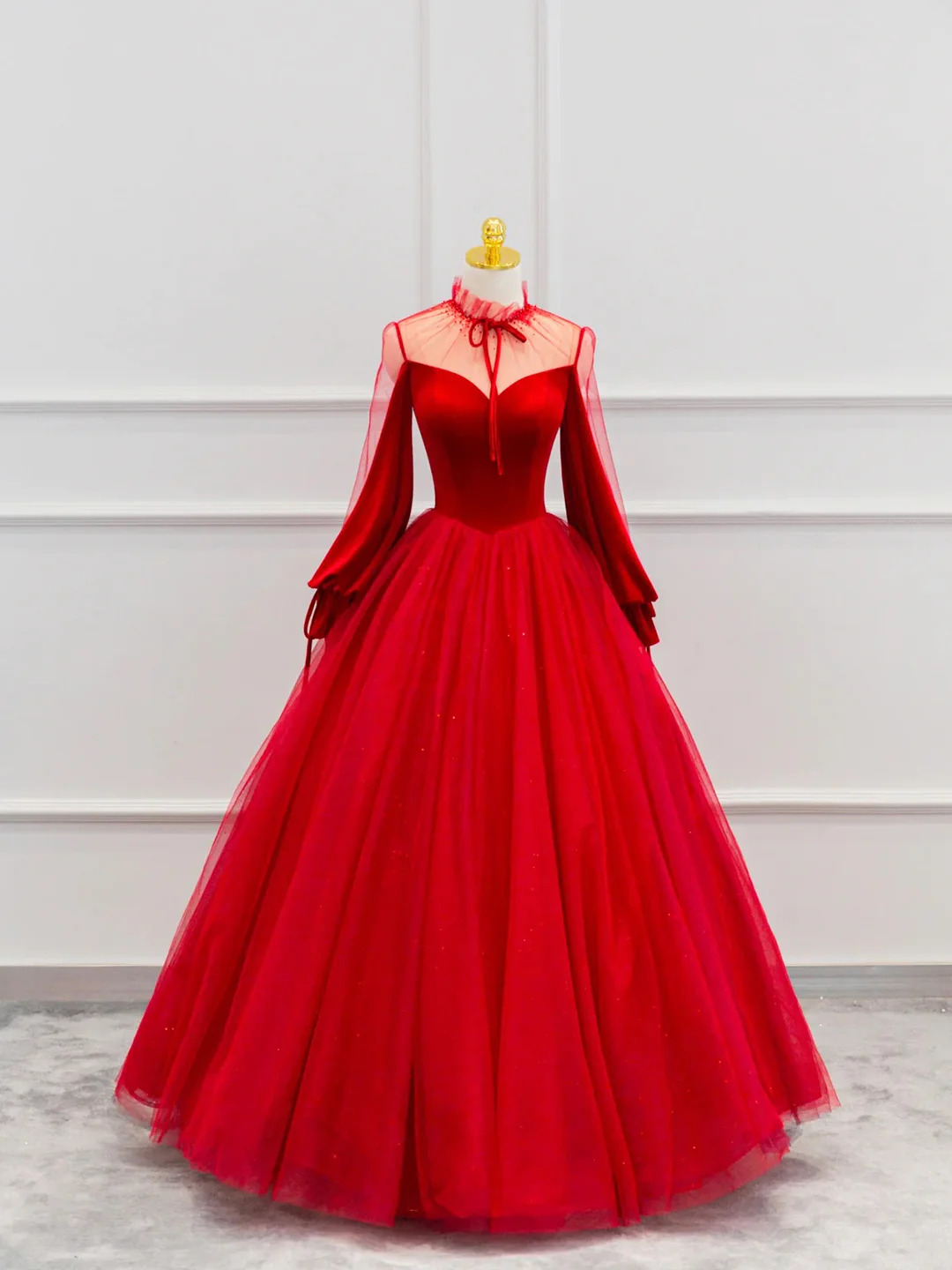Red Velvet And Tulle Floor Length Prom Dress, Long Sleeve Beautiful A Line Party Dress