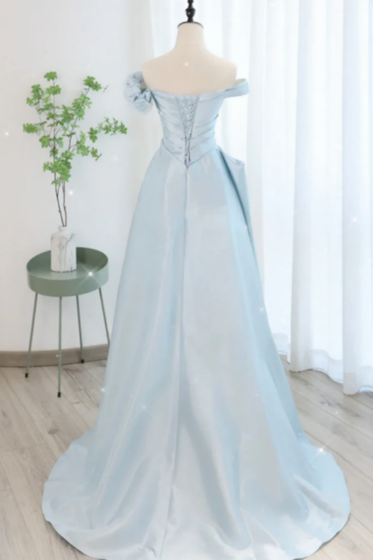 Blue Straps Off Shoulder A-Line Tulle Long Formal Prom Dress Evening Dress, DP4686 main image 0