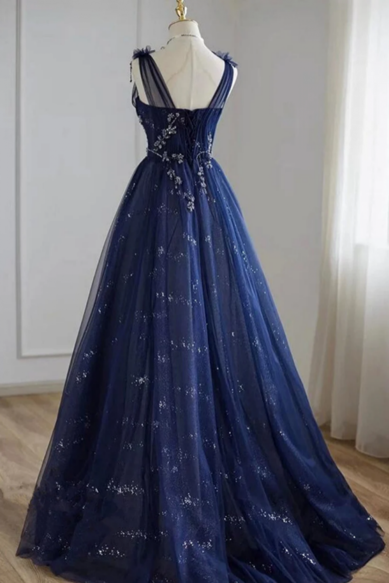 A-line Navy Blue Off Shoulder Beaded Party Dress, Navy Blue Tulle Long Prom Dress main image 0
