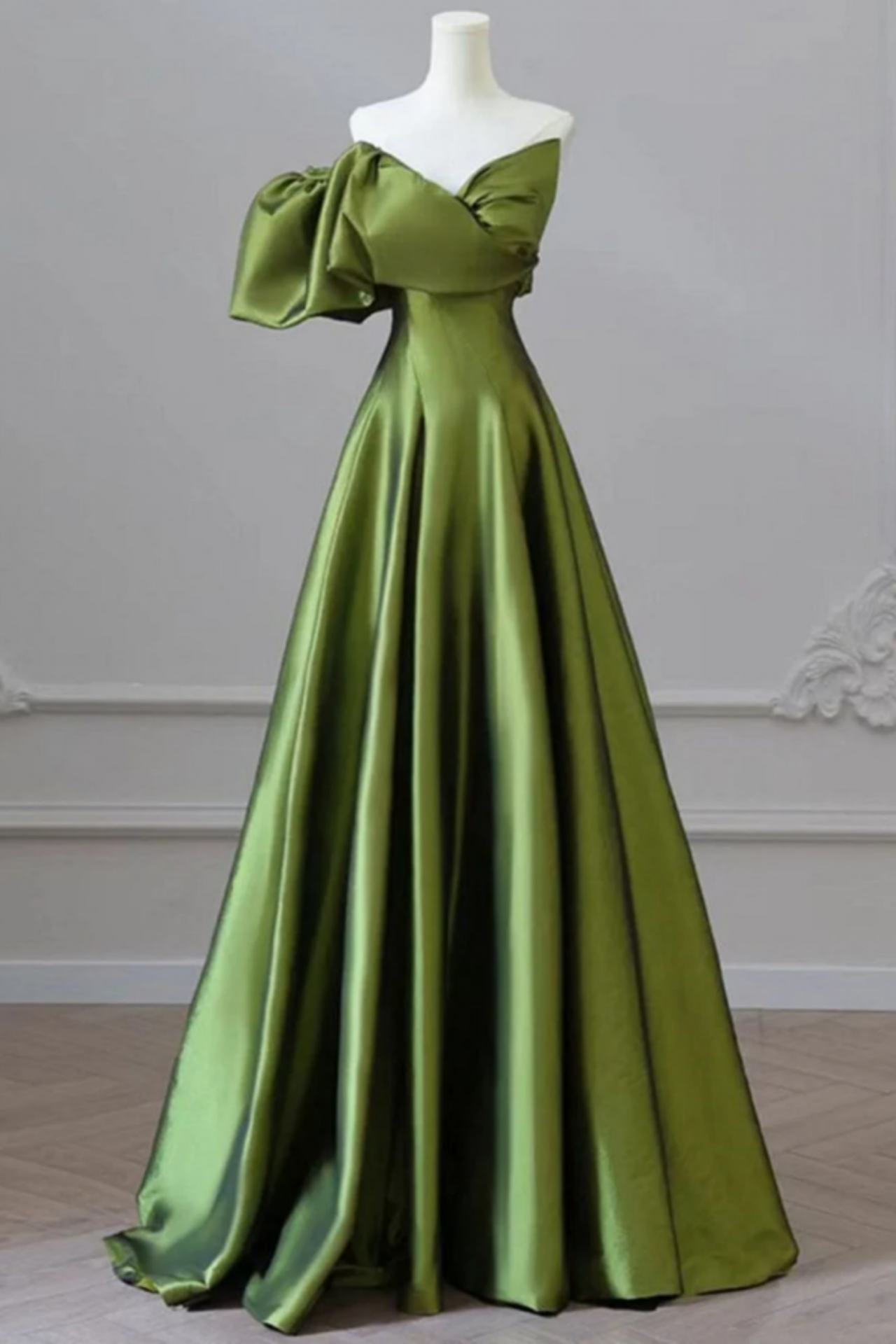 Chic One Shoulder Green Satin Beaded Appliques Long Party Gown Prom Dress SP219 main image 0