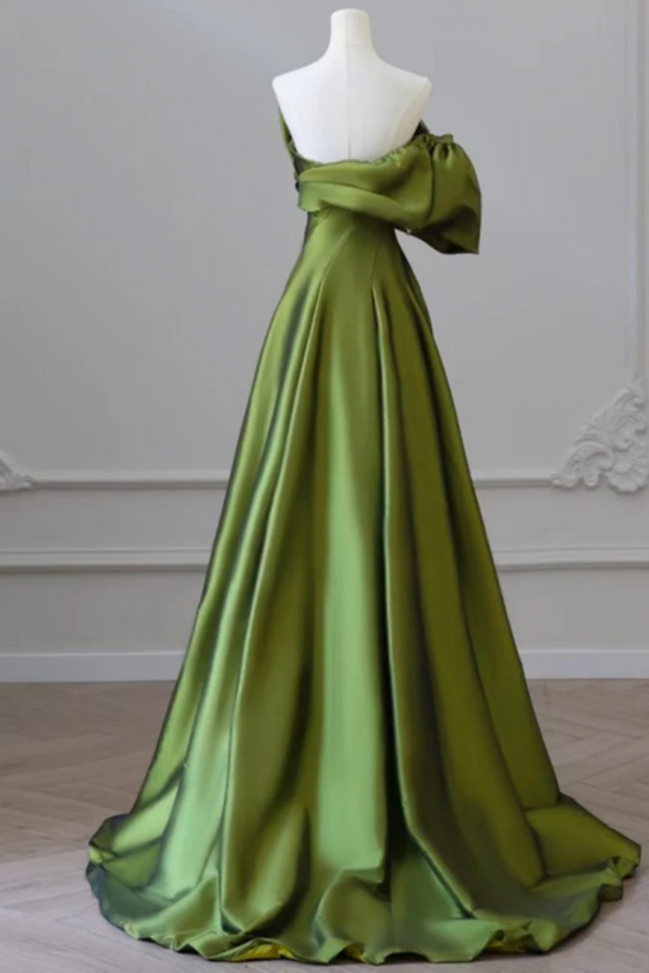 Green Ruched Off The Shoulder Satin Prom Dress