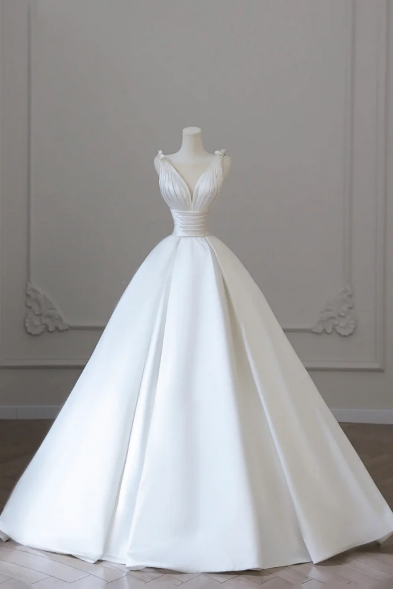 A Line V Neck Satin Wedding Dress, White Satin Bridal Gown With Bow