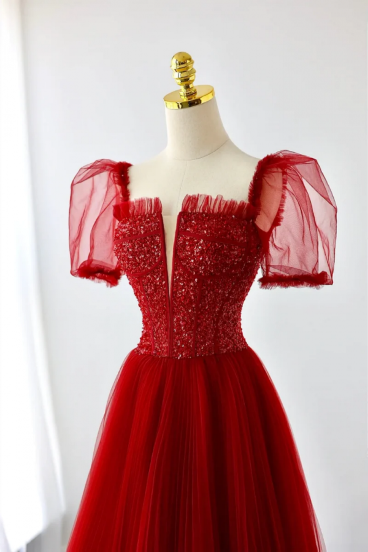 Dark Red Tulle Floor Length Formal Dress, Beautiful A Line Short Sleeve — free download