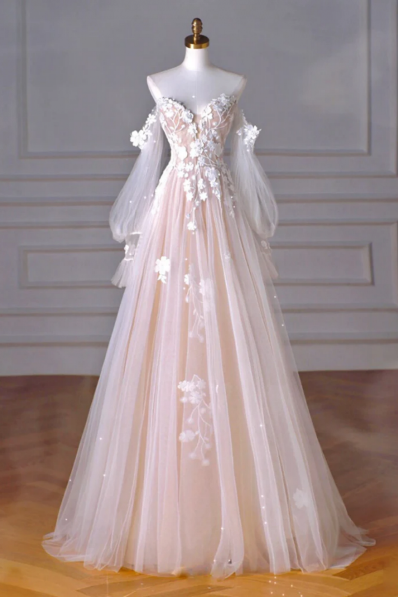 A Line Long Sleeves Tulle Lace Champagne Long Prom Dress, Champagne Long  Formal Dress on Luulla