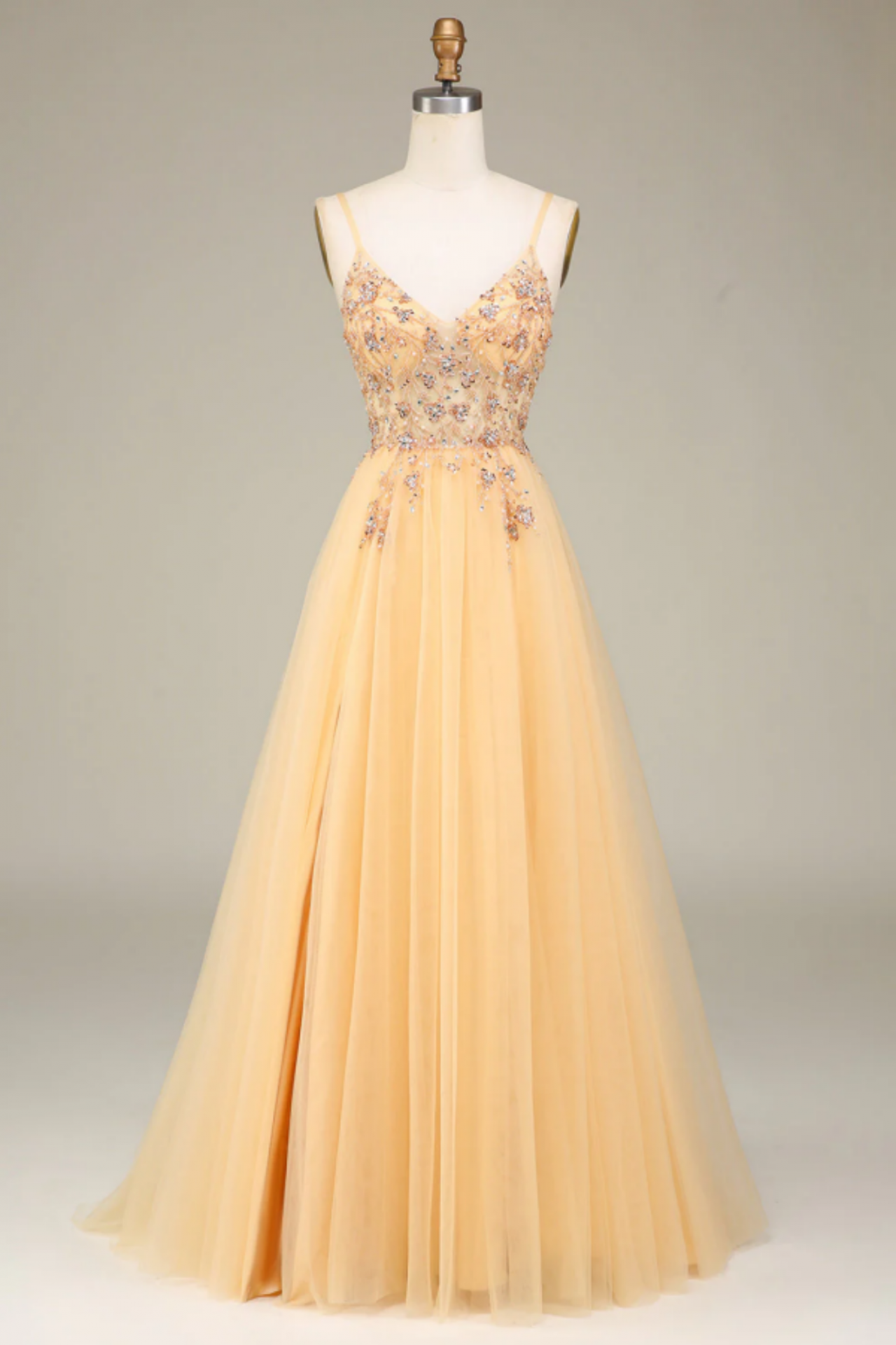 blue dress for baby girl Gold Sweetheart A-Line Lace Long Prom Dress With Split main image 1