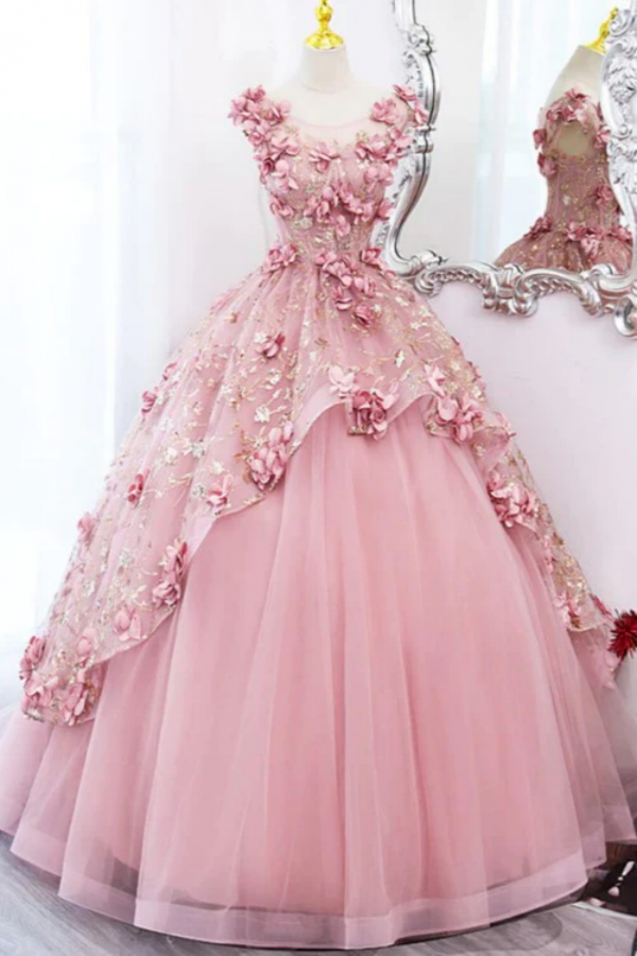 Cute Pink Tulle Long Prom Dress With Flowers Sweet 16 Gown