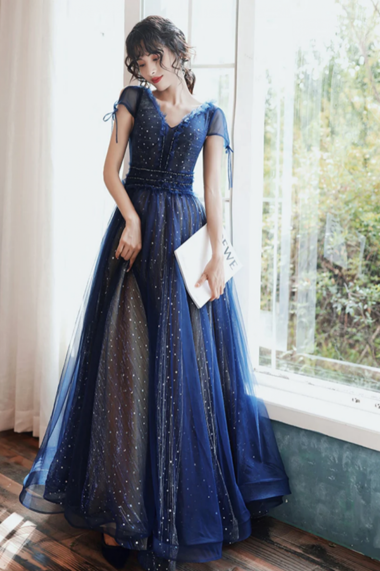 Navy Blue V Neckline Tulle Long Party Dress, Navy Blue Prom Dress on Luulla