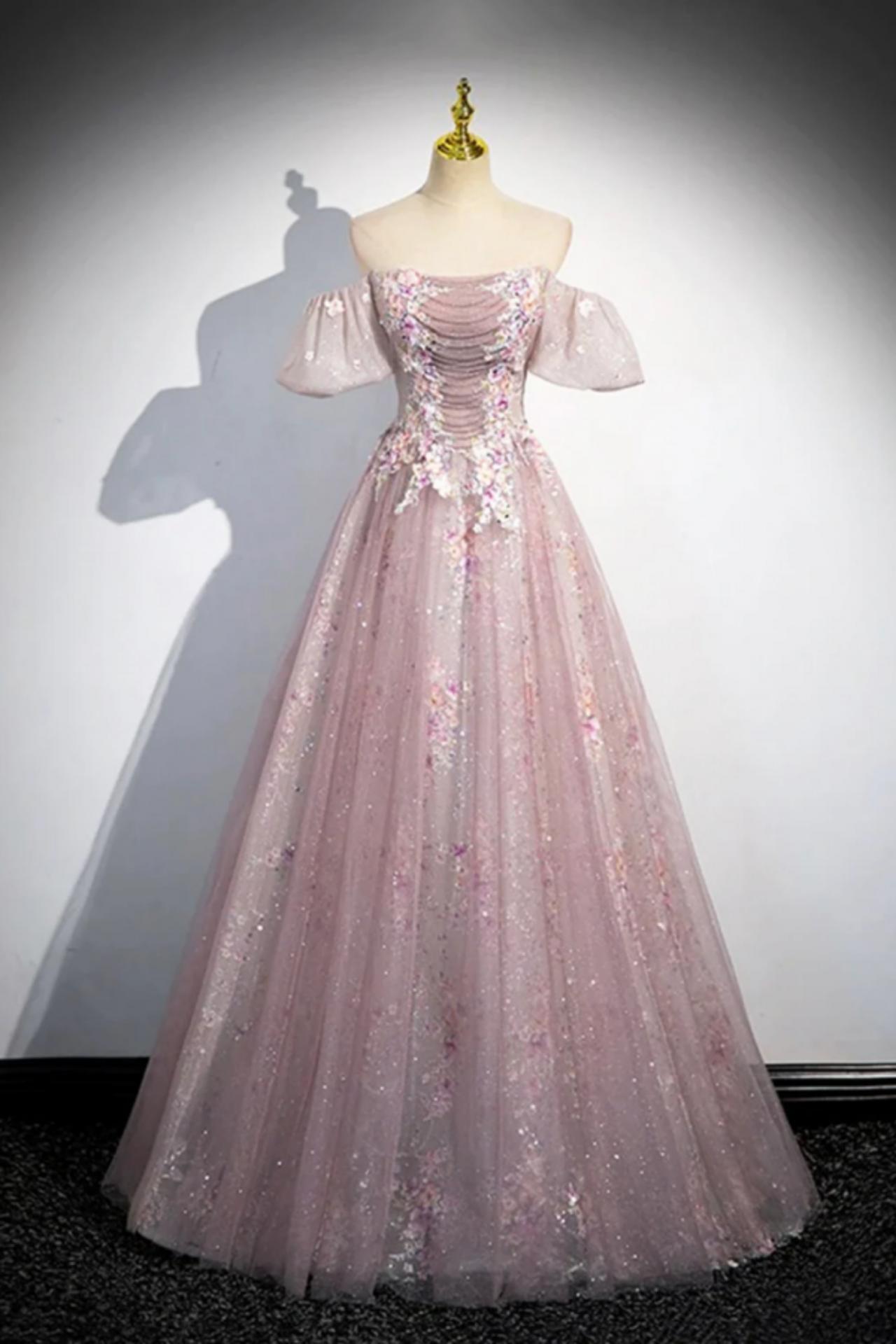 Lovely Pink Off The Shoulder Tulle Beading Prom Dress A Line Party Evening Dress cc1568