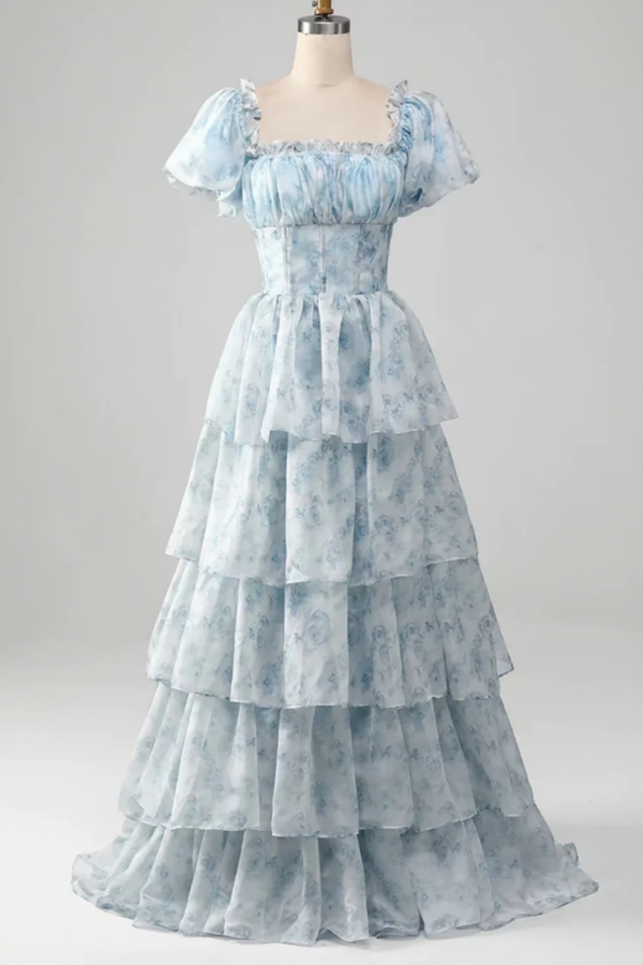 Light Blue Floral Short Sleeves Long Prom Dress, Light Blue Party Dress on  Luulla