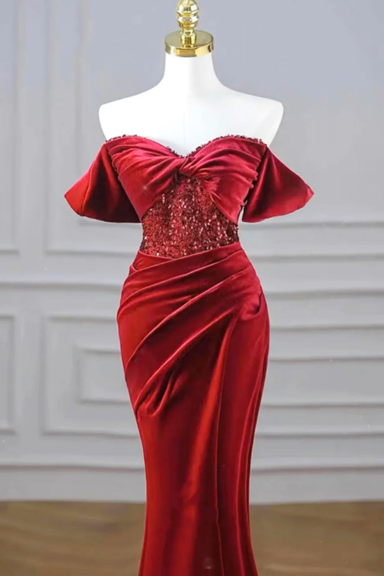 2568 Burgundy Batwing Sequins Slit Dress