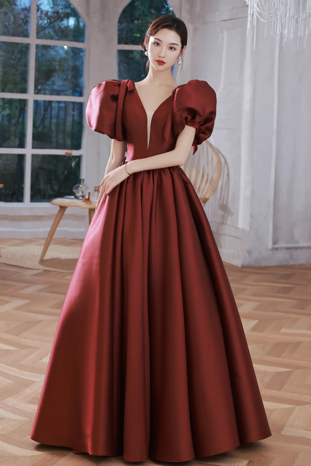 chinese dress ladies BABARONI Long Sleeves Plunging V-Neck Velvet Dress with Slit Burgundy, Burgundy / US0