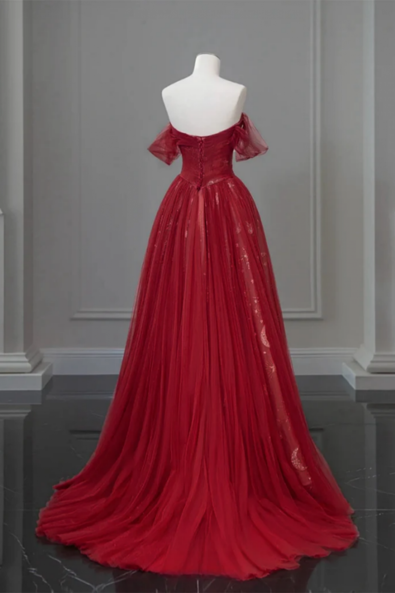 Burgundy Off Shoulder Tulle Lace Long Prom Dress Sweet 16 Dress