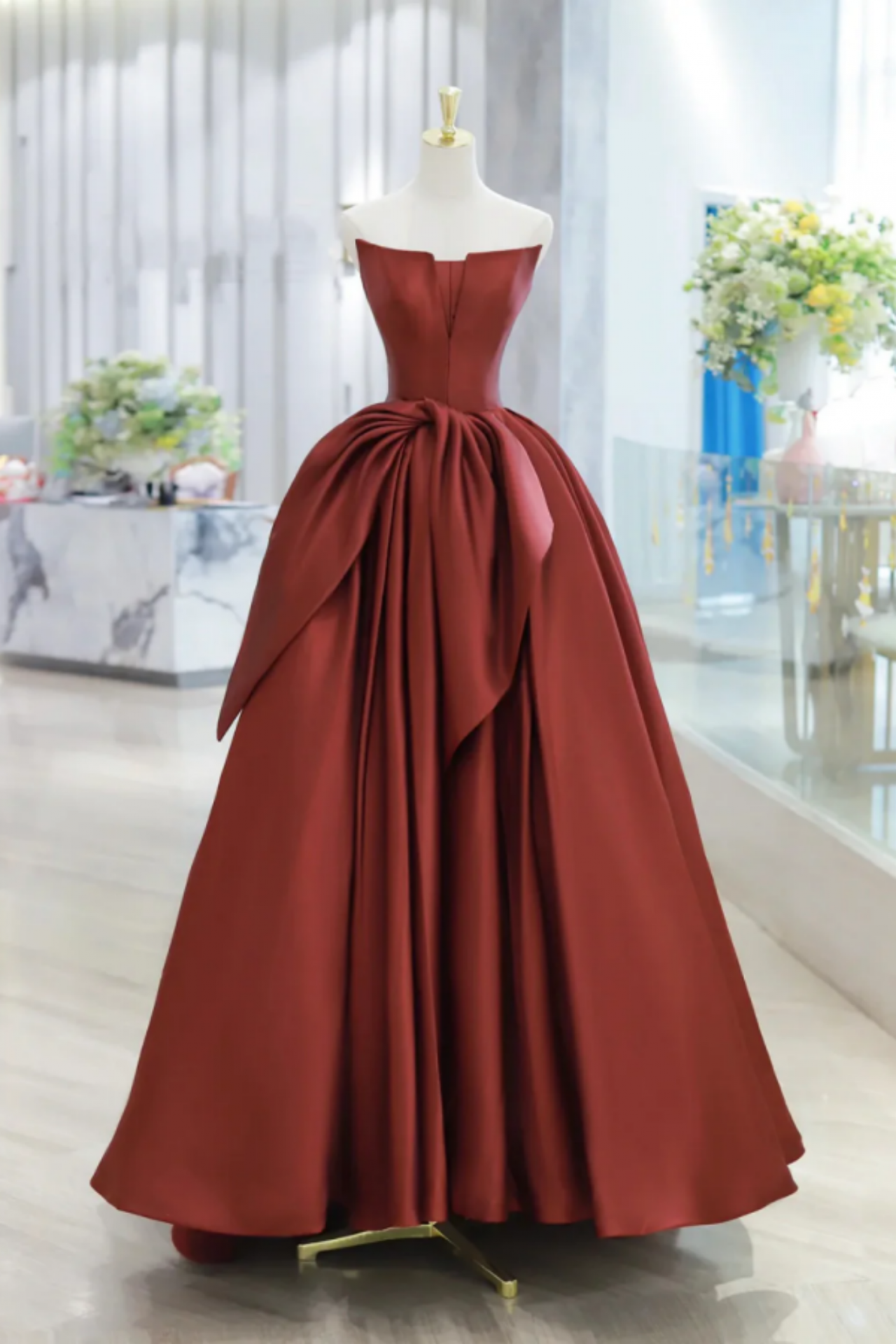 Elegant A Line Strapless Burgundy Satin Long Prom Dresses Formal Dress C4638