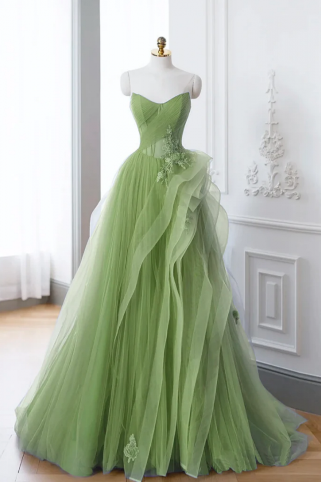 A Line Tulle Lace Green Long Prom Dress, Green Lace Long Formal Dress