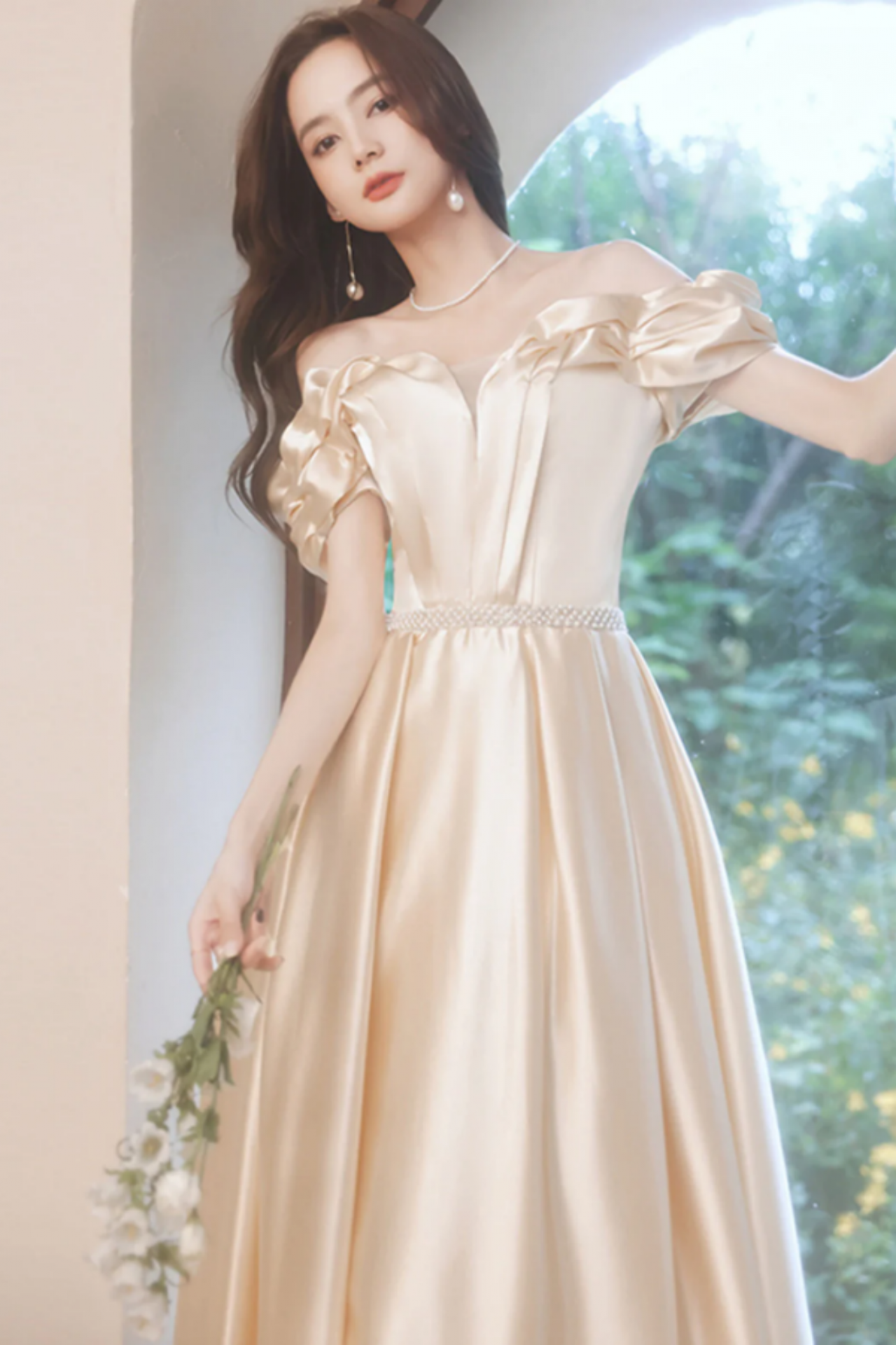 Tulle Sweetheart Satin Print A Line Champange Prom Dress