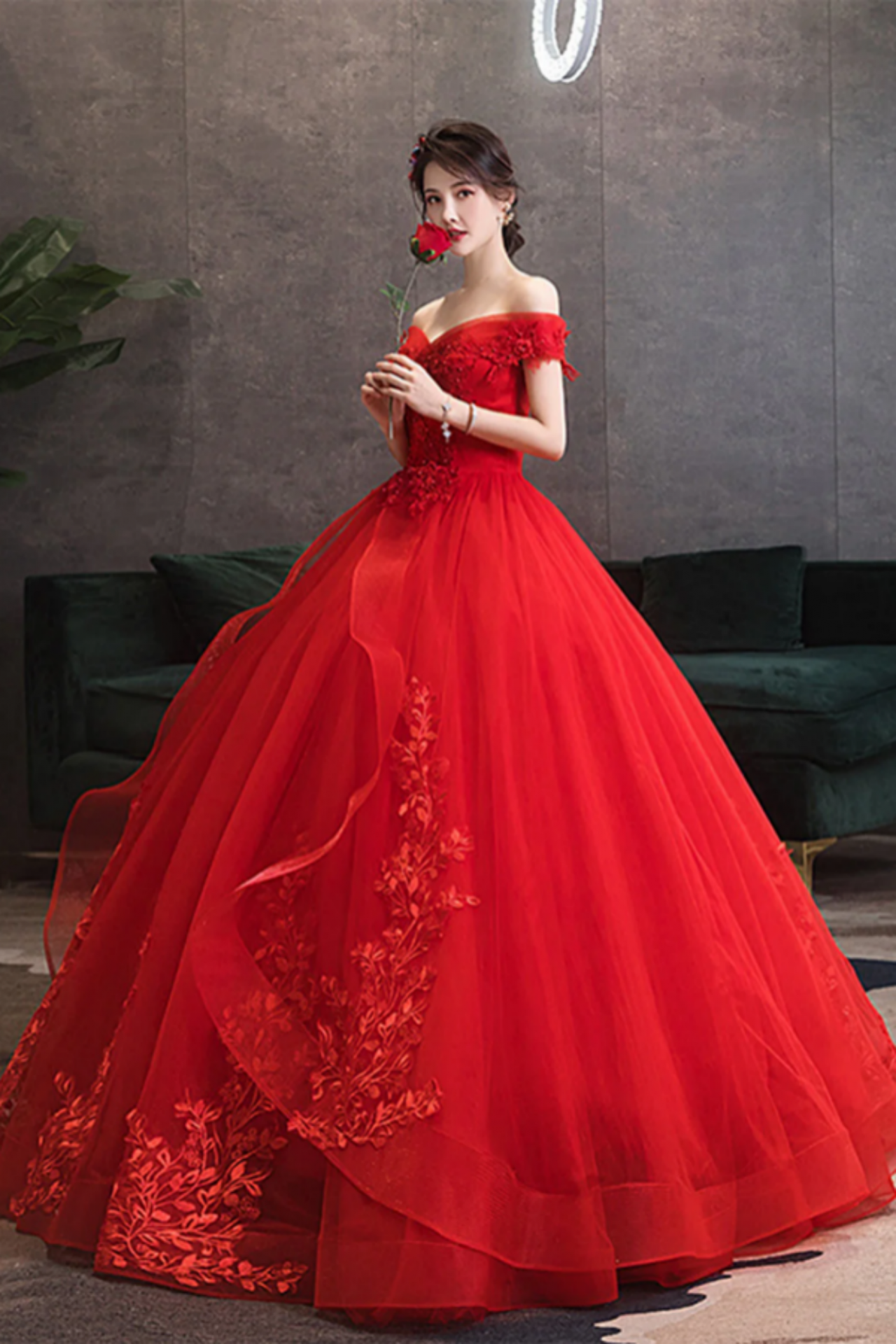 Red Tulle Ball Gown with Lace Appliques and Beaded Bow