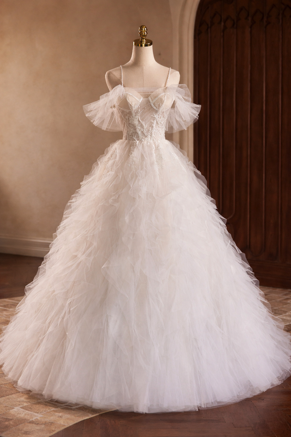 Ivory Off Shoulder Tulle Ball Gown With Layered Ruffle Skirt And Lace Bodice Ivory Off Shoulder Tulle Ball Gown With Layered Ruffle Skirt And Lace Bodice