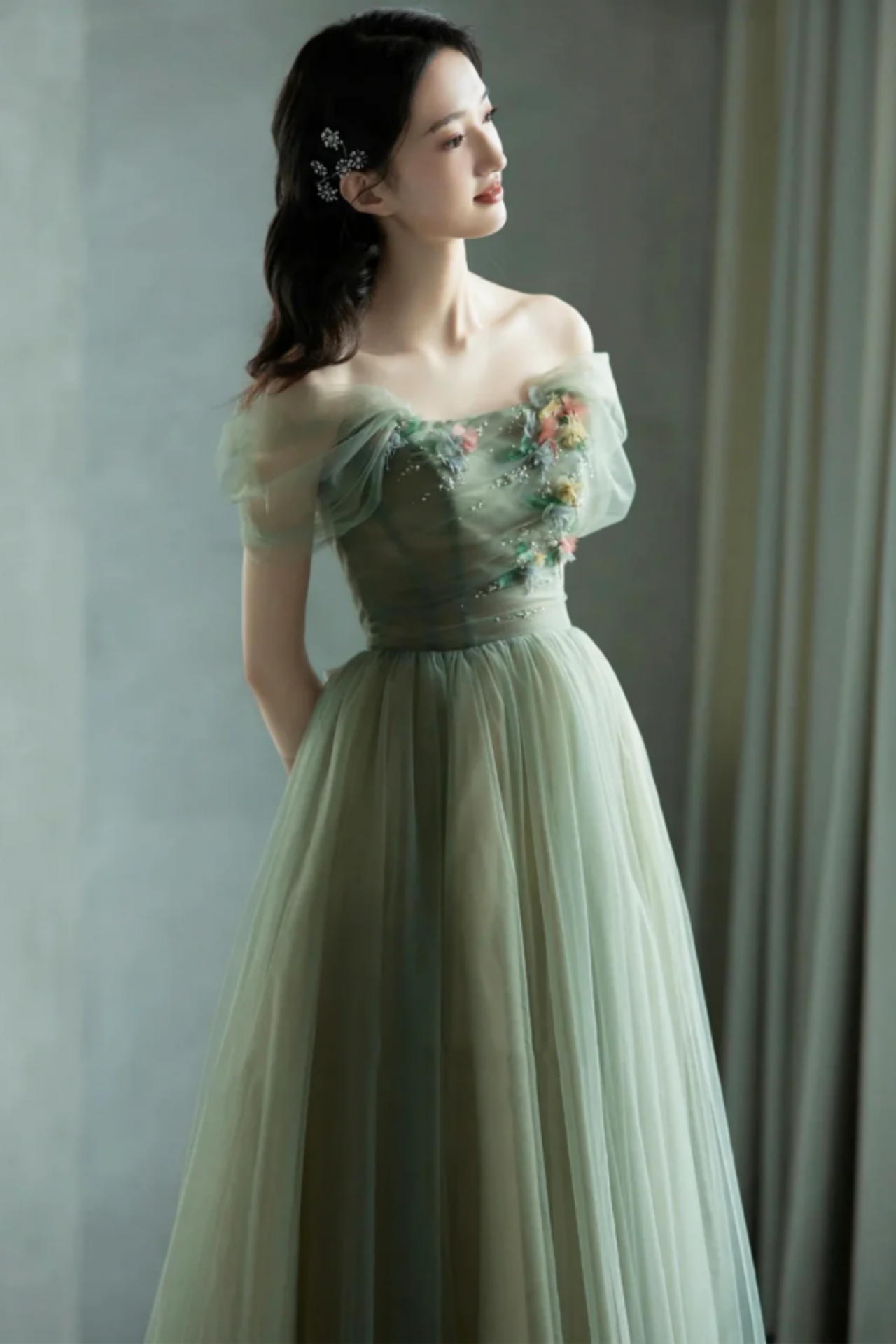Green Off Shoulder A-Line Embroidery Tulle Long Evening Dress Birthday Ball Gown, DP5128