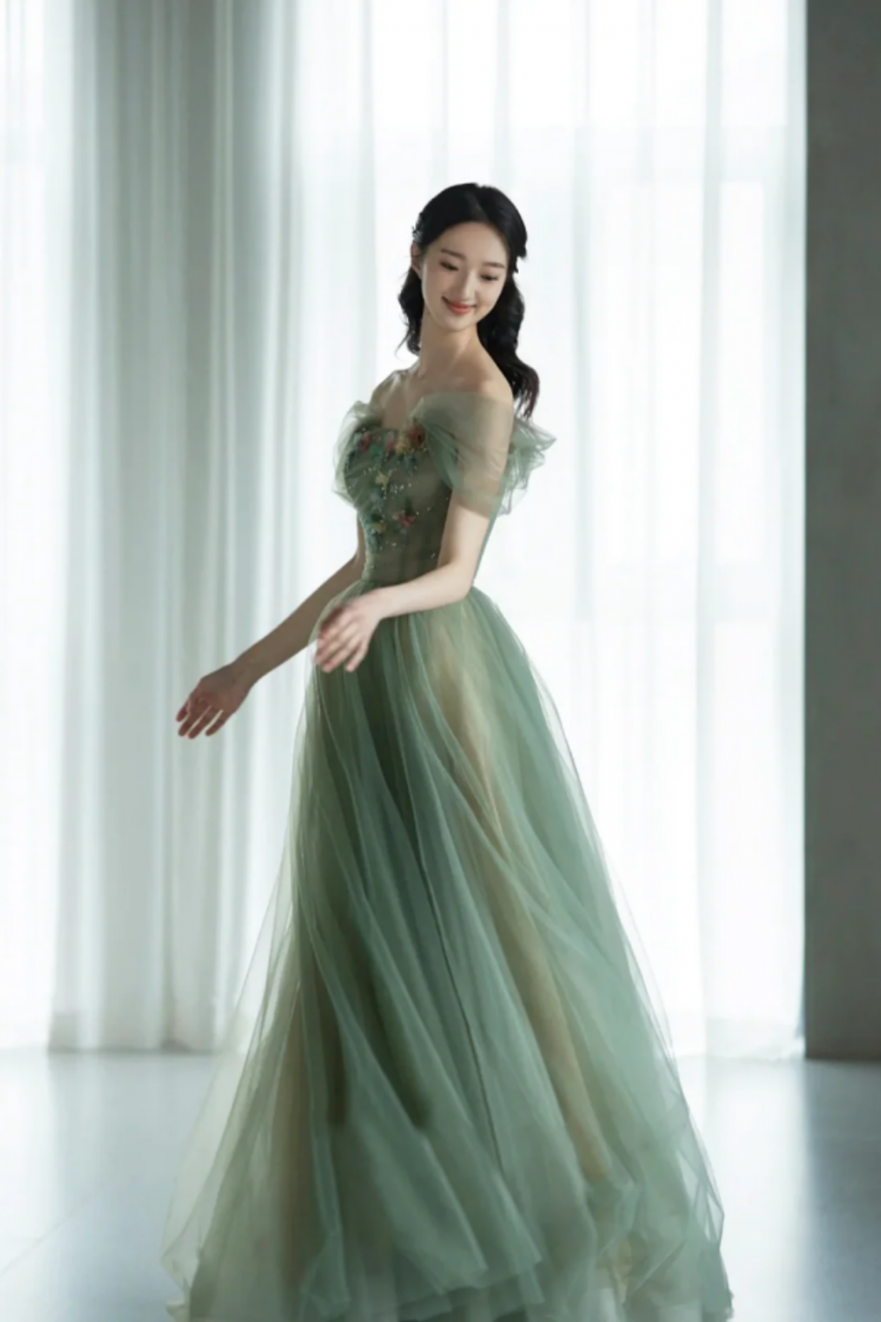 Light Green Strapless A-line Tulle Prom Dress,Unique Evening Dresses main image 1