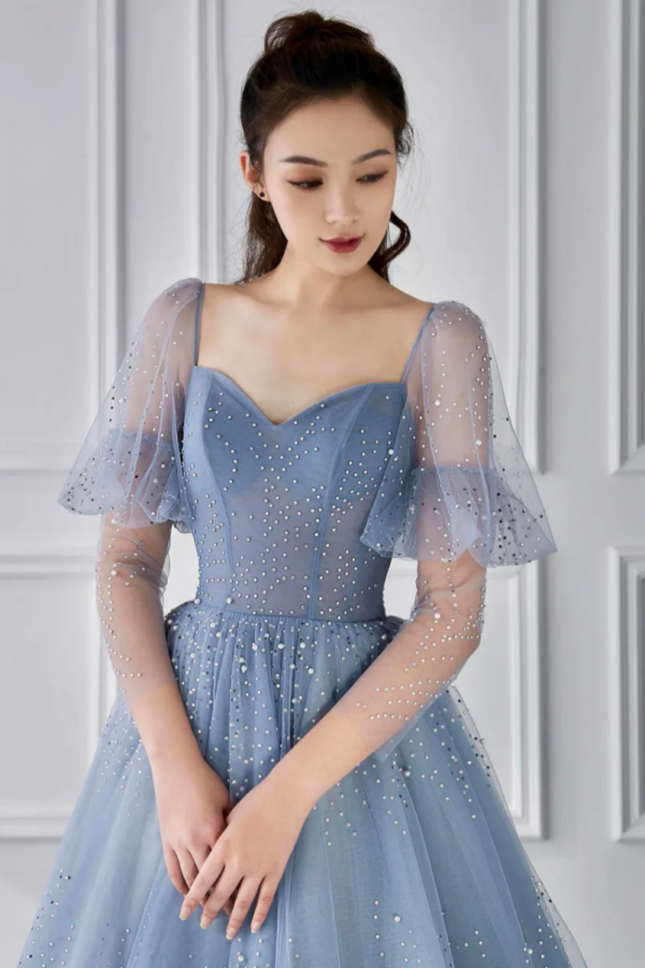 A-Line Blue Tulle Evening Dresses Gowns 2025 Beading Flowers Sexy For Women Party LA71149