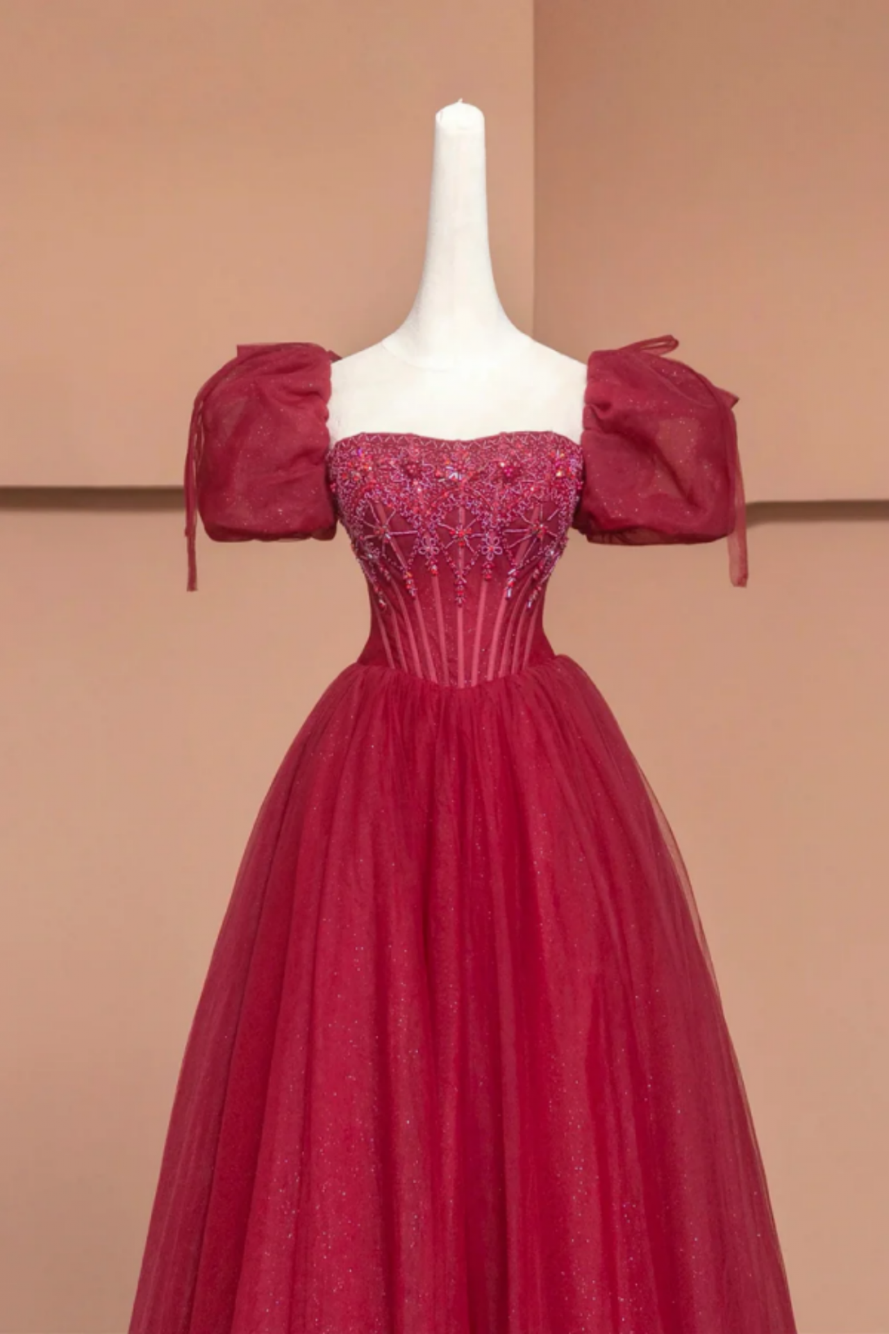 Burgundy Tulle Beaded Long Formal Prom Dress, A-Line Short Sleeve Evening Dress main image 0