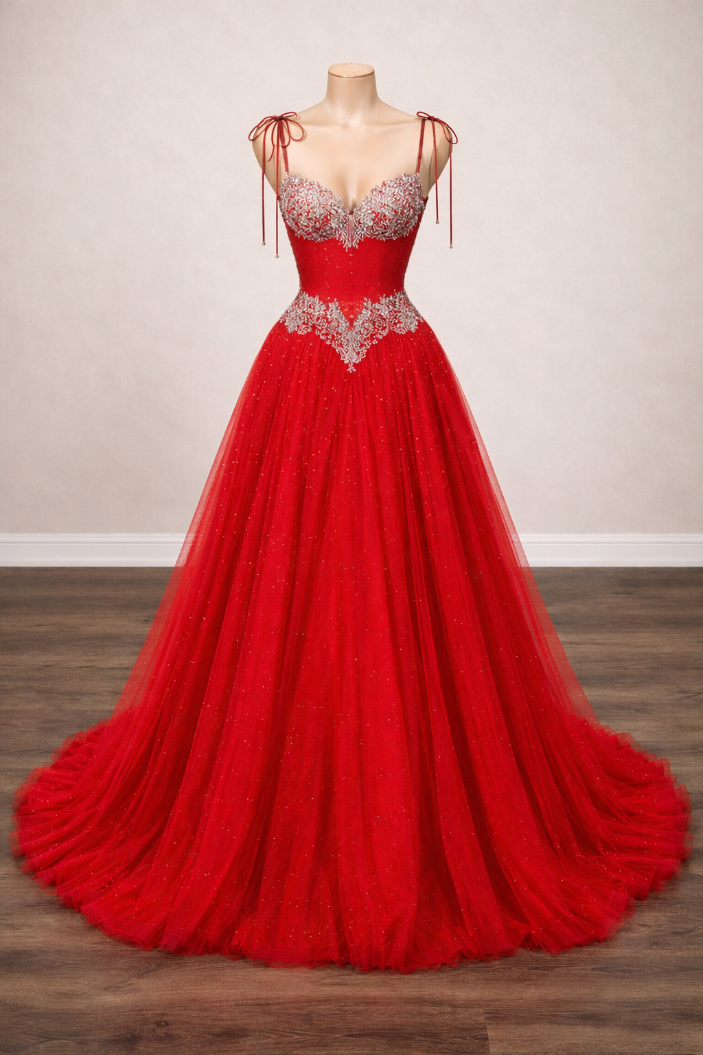 Red Corset Ball Gown With Silver Embroidery Lace And Glitter Tulle Skirt