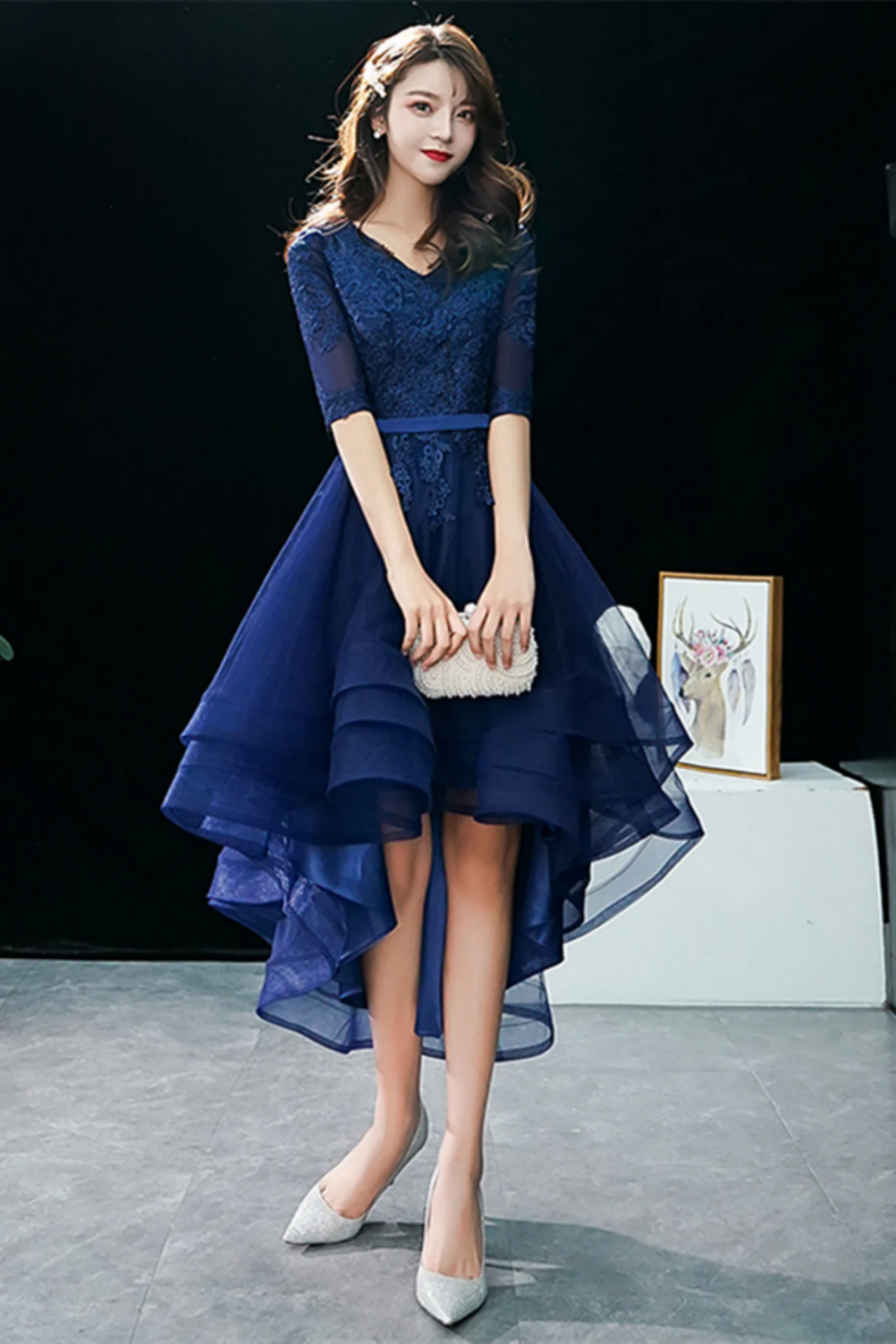 strapless open back dress Navy Blue High Low Toddler Prom Dress CHK056 main image 1