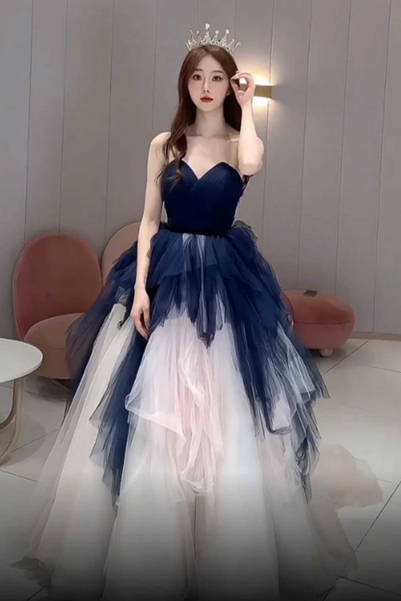 Navy Blue And Ivory Tulle Sweetheart Formal Dress, Layers Tulle Prom Dress  on Luulla
