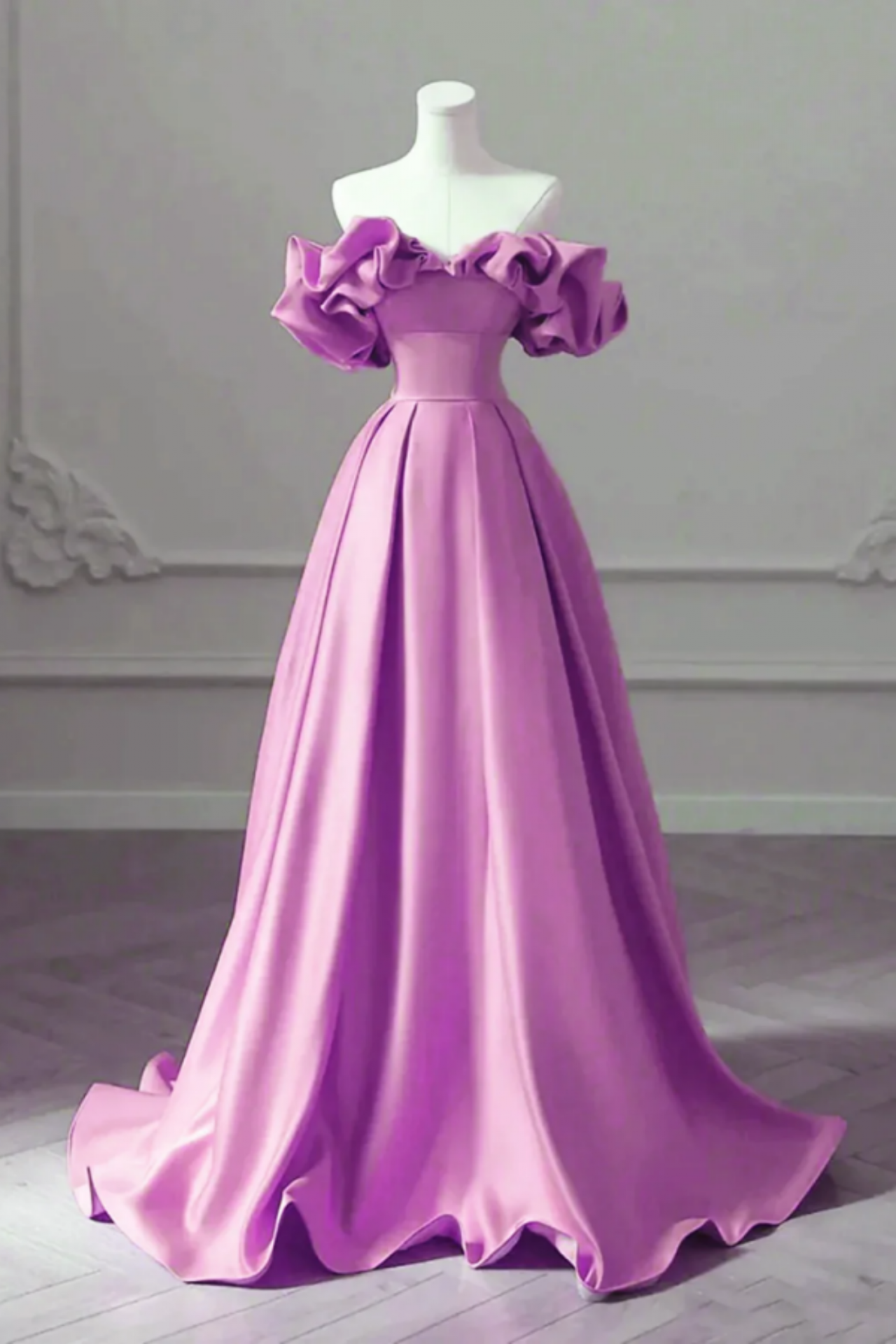 Purple Satin Off Shoulder Long Evening Dress, Purple Wedding Party ...
