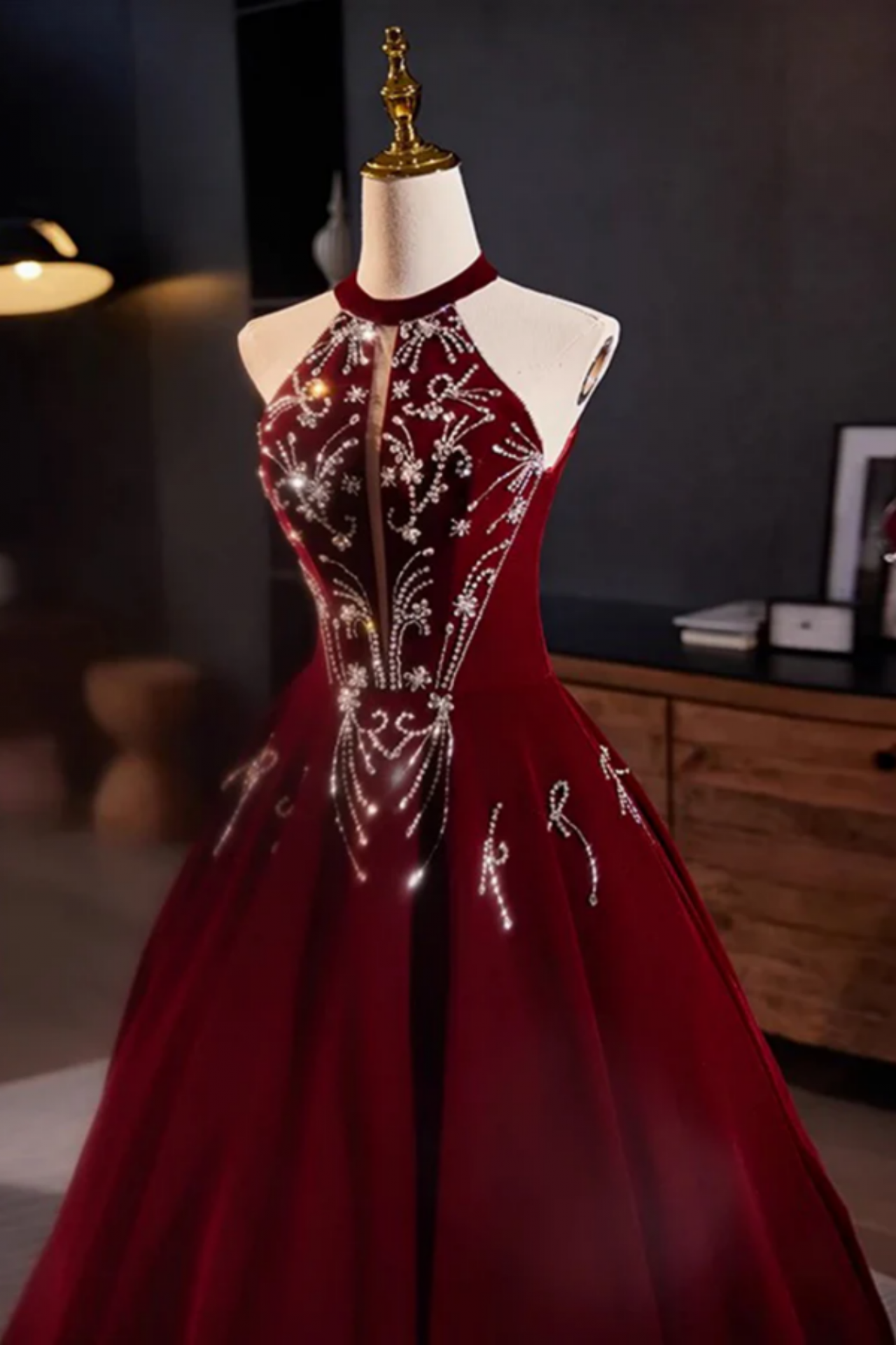 Burgundy sequin long prom dress main image 0