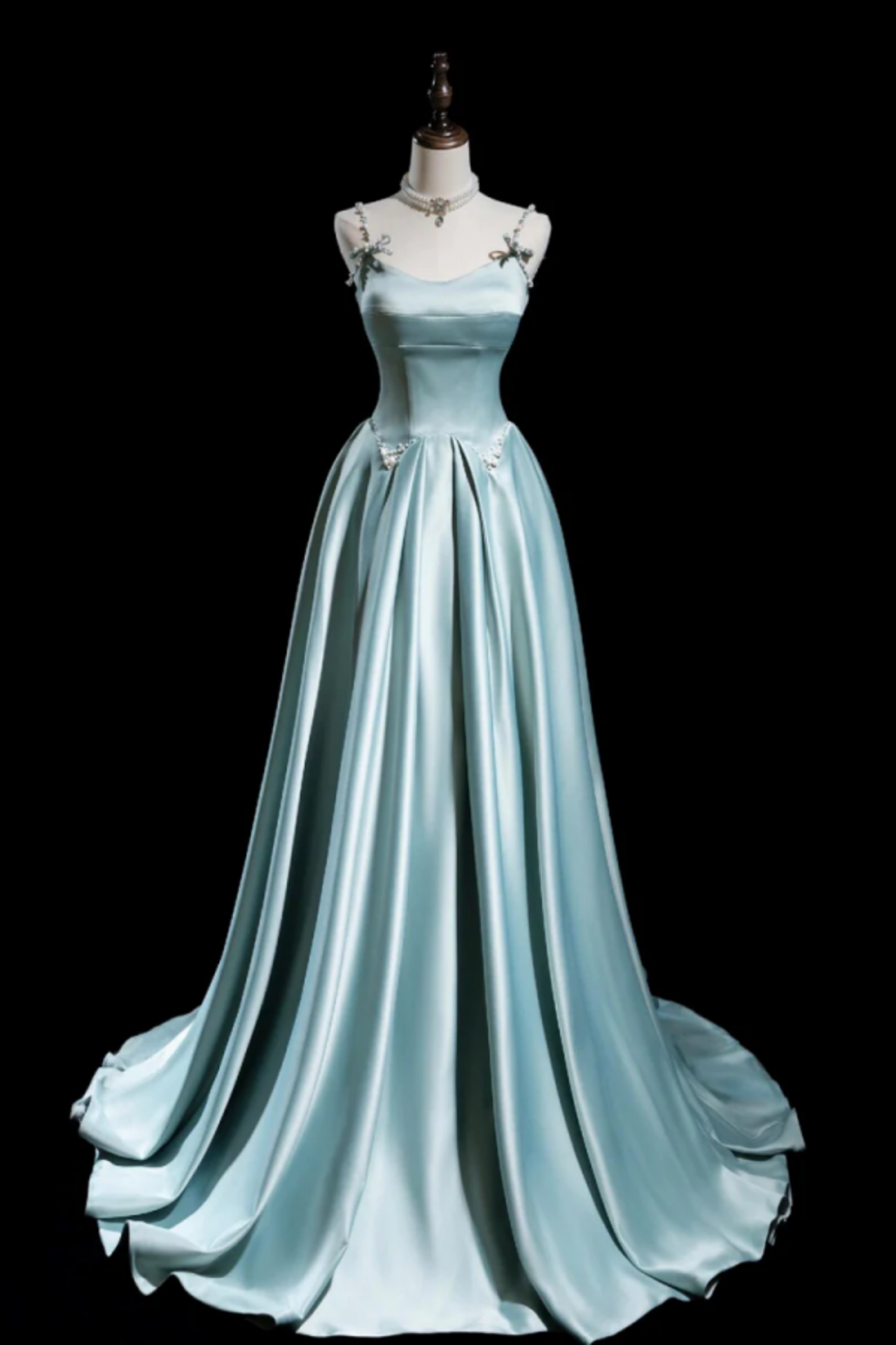 Cute Satin Long A Line Prom Dress, Ice Blue Spaghetti Straps Evening Dress  on Luulla