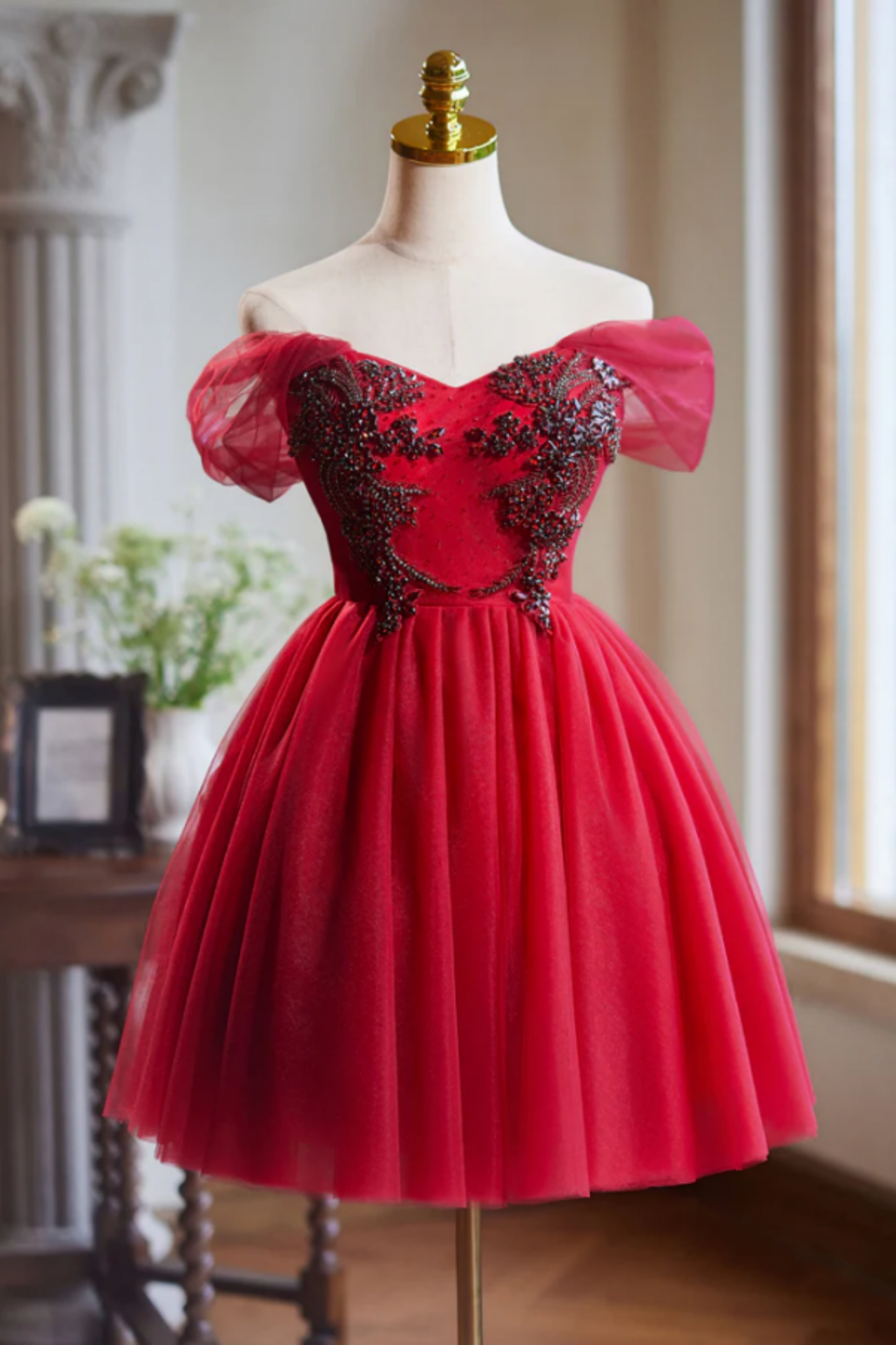 A Line Off Shoulder V Neck Tulle Burgundy Short Prom Dress With Beads ...