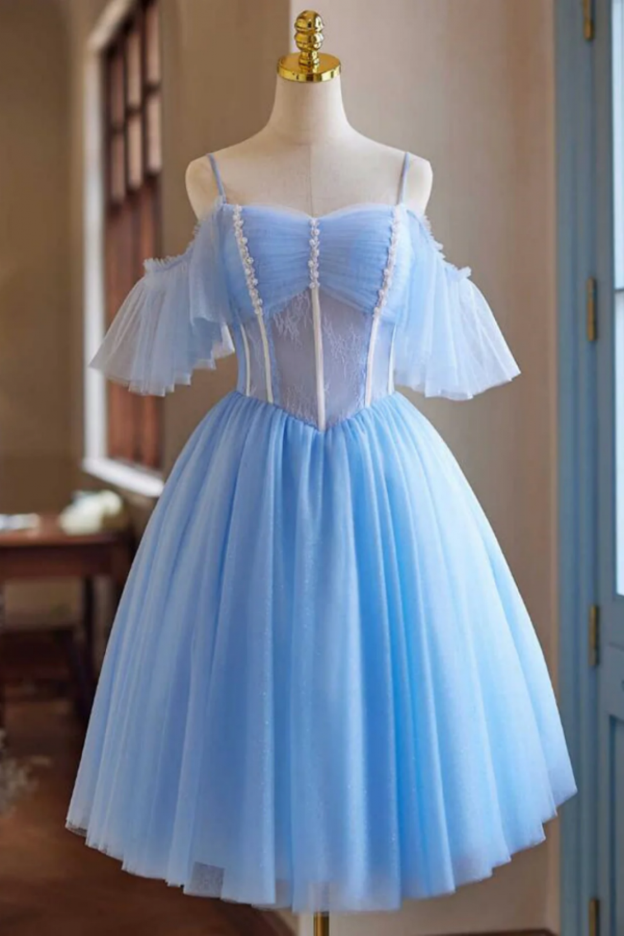 Light Blue Beaded Knee Length Tulle Party Dress, Light Blue Homecoming Dress  on Luulla