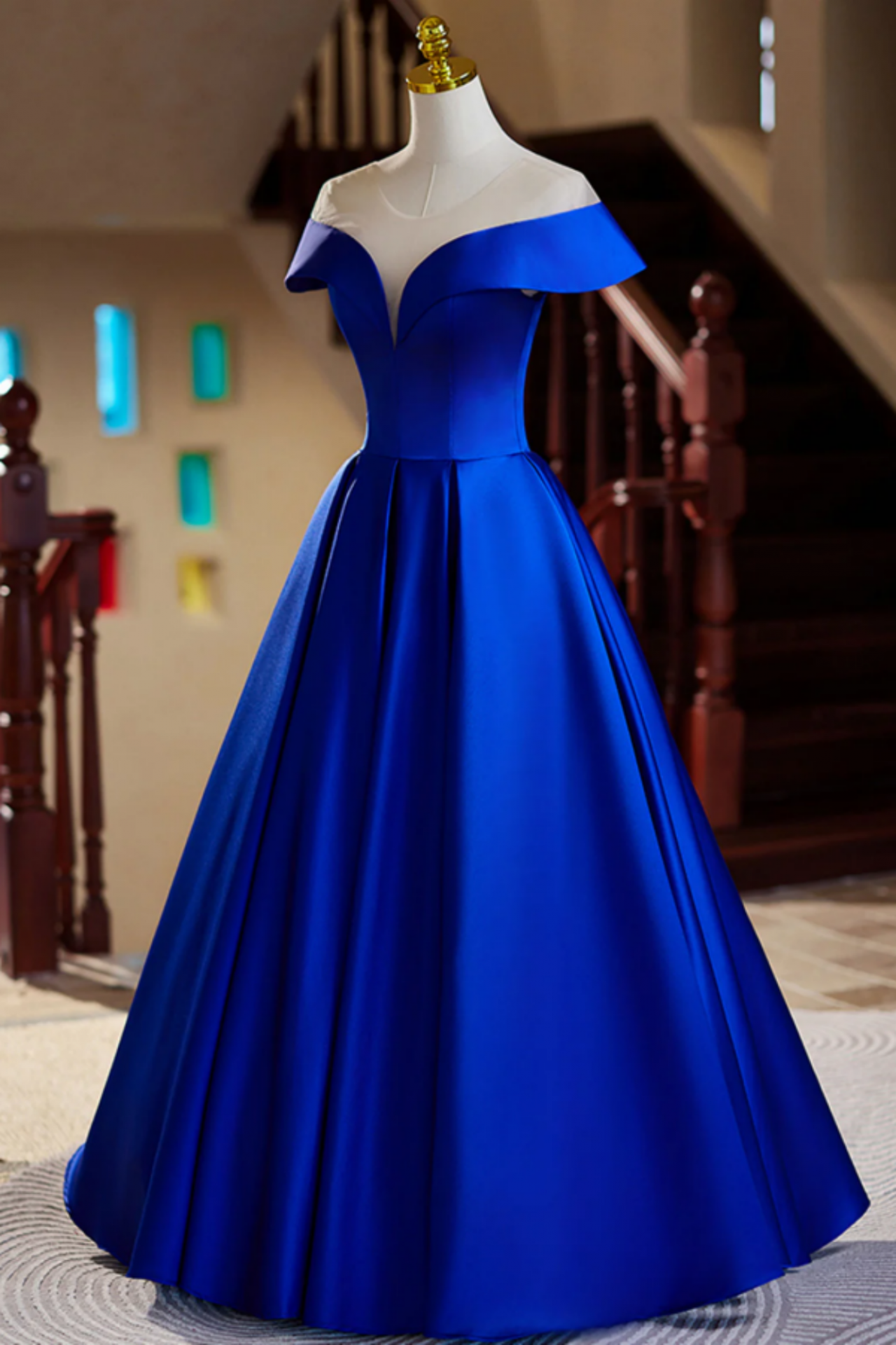 A-line Halter Satin Long Dresses with Pockets Royal Blue